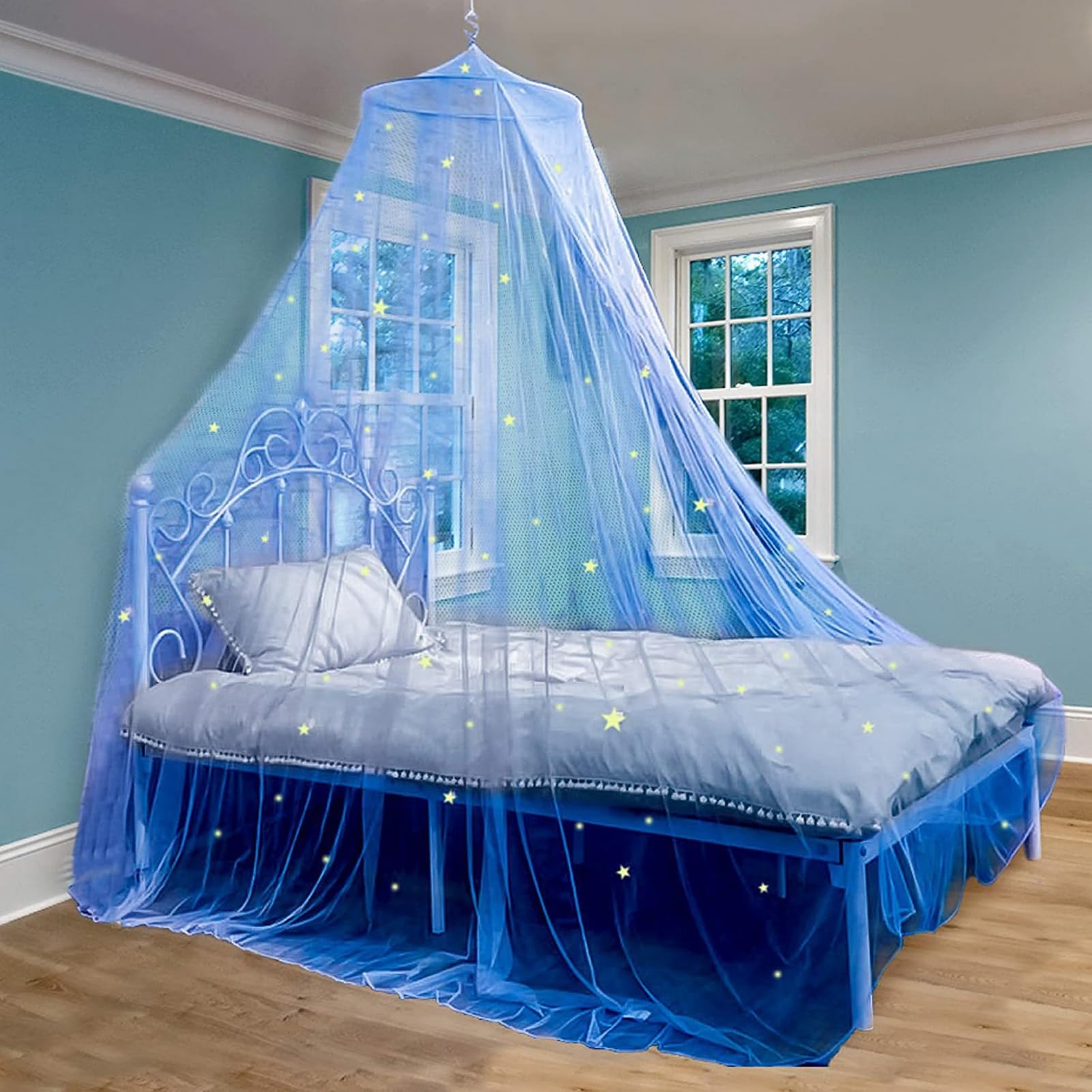 Princess Bed Canopy with Fluorescent Stars - Round Dome Bed Curtain Net for Twin, Full, Queen & King Size Beds in Blue | Perfect for Girls' Bedroom Decor & Fantasy Sleep Space
