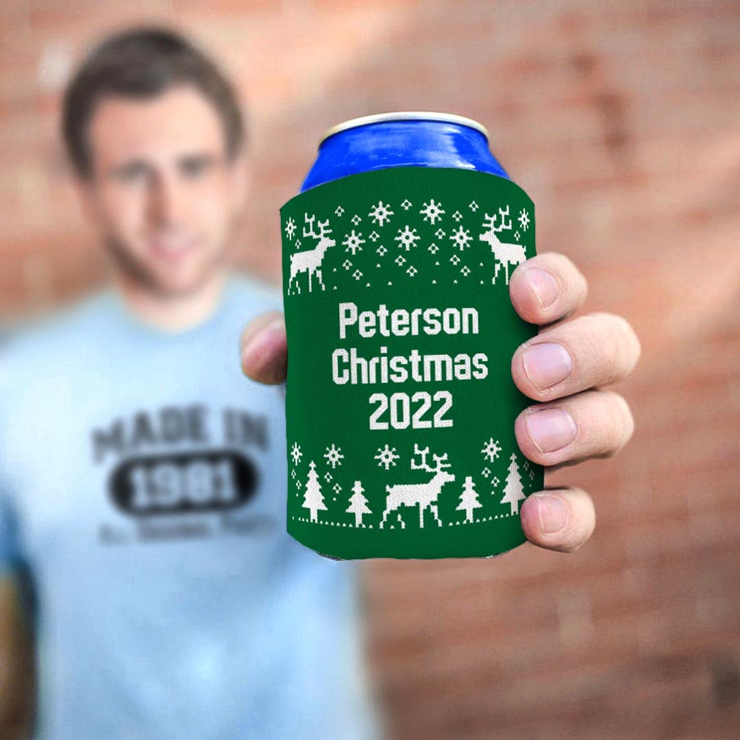 Custom Name or Date Christmas Party Favors - 48-Pack Personalized Can Coolers & Drink Sleeves (Green) | Perfect for Holiday Parties, Office Events & Family Gatherings