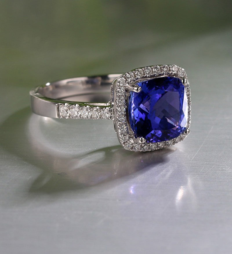 2 Carat Cushion Cut Blue Sapphire & Moissanite Diamond Halo Engagement Ring in 14K White Gold - Perfect for Proposals, Anniversaries & Bridal Jewelry