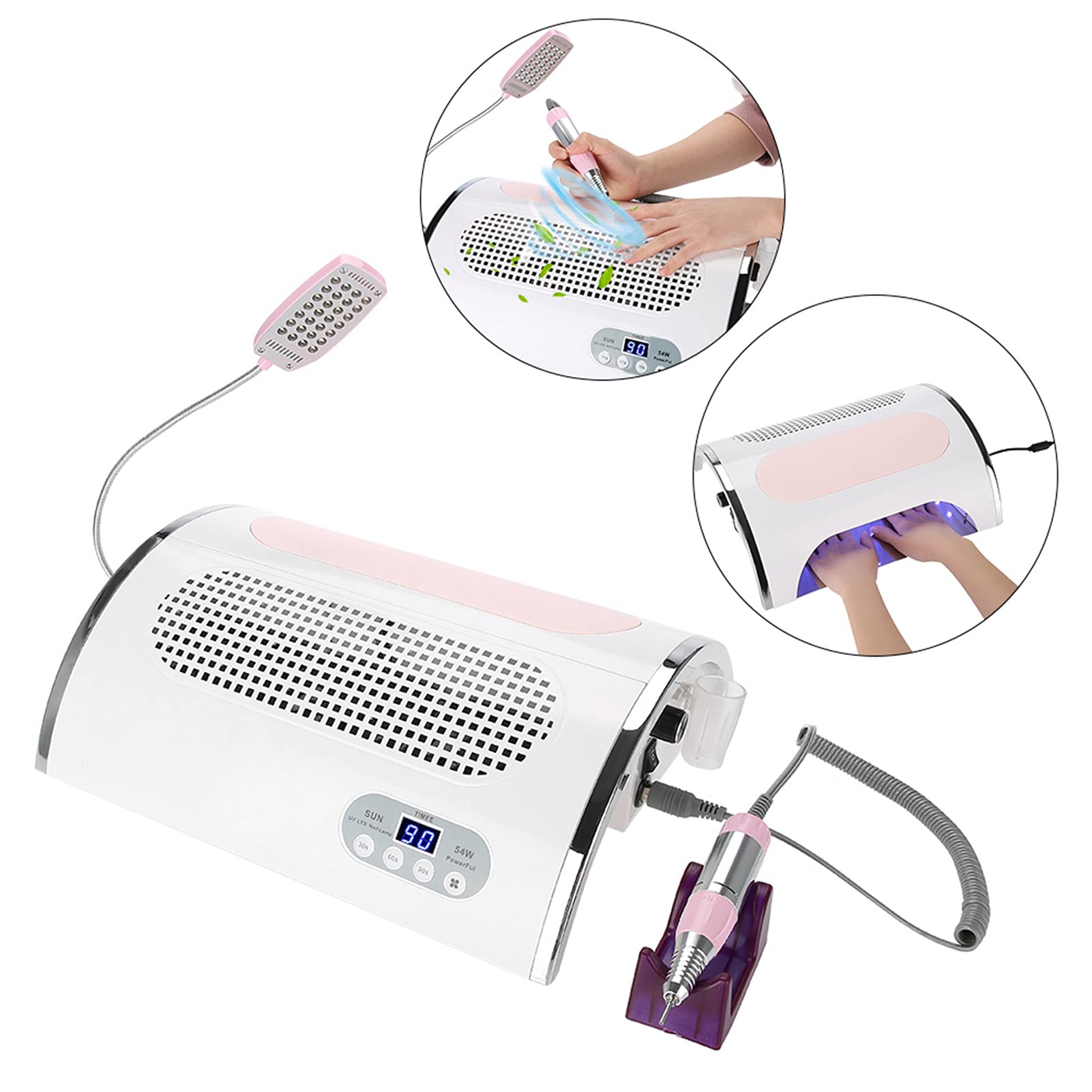 Professional 54W Electric Nail Drill Machine with LED Light & Vacuum System - 3-in-1 Manicure Pedicure Kit for Salon & Home Use - Dust Collector with 3 Cooling Fans for Nail Art, Acrylics & Gel Extensions