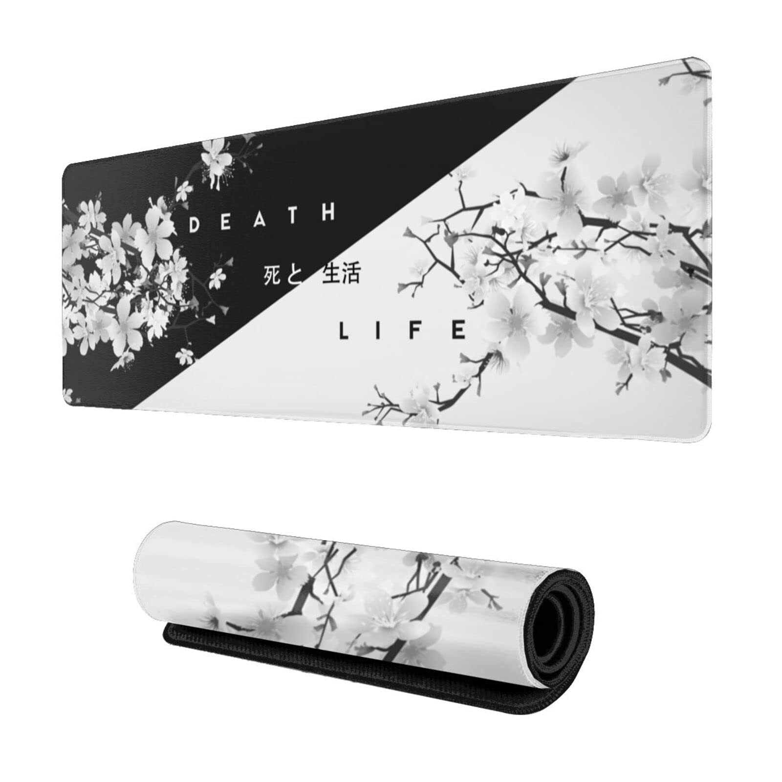 Cherry Blossom Gaming Mouse Pad - Extra Large 31.5 x 11.8 Inch Non-Slip Rubber Base with Stitched Edges | Black & White Design for PC Gaming, Office Work & Home Desk Use