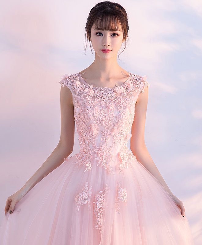Elegant Pink Round Neck Tulle Lace Long Prom Dress for Women - Formal Evening Gown for Homecoming, Wedding, Ball & Special Occasions