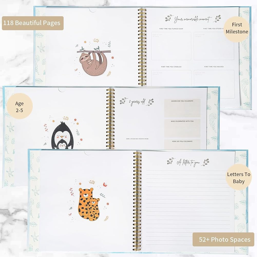 Firstrays Baby Memory Book - Scrapbook Photo Album & Pregnancy Diary for New Parents, Cute Animal Themed Keepsake to Record Baby's Growth - Easy to Use High Quality Journal | Perfect Baby Shower Gift & First Year Milestone Tracker