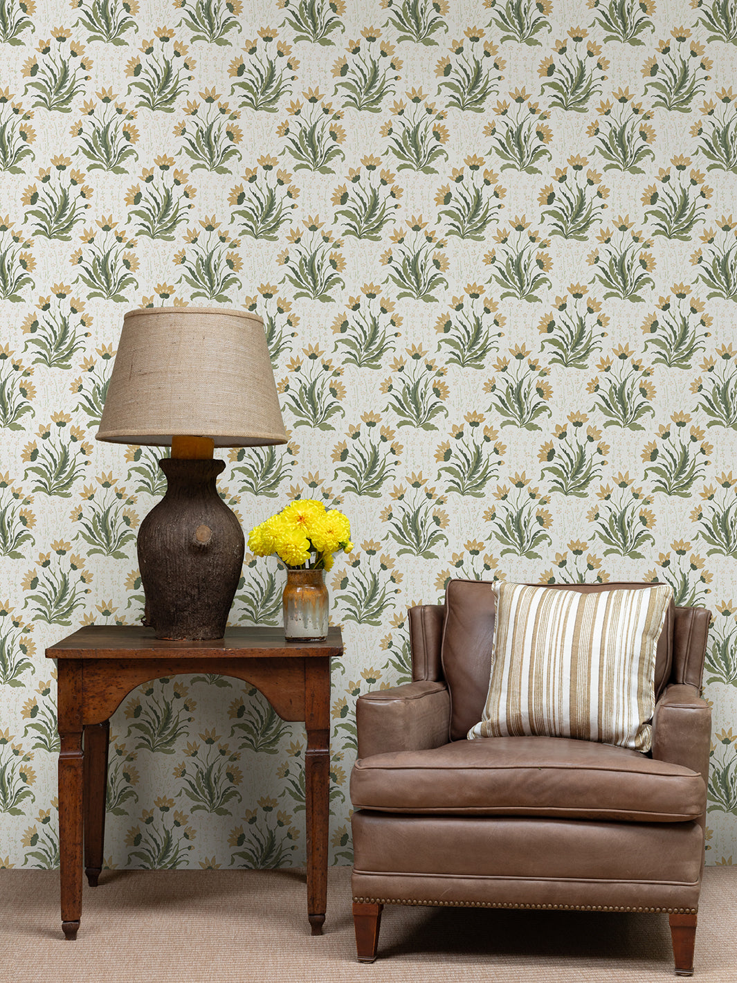Nathan Turner Hillhouse Floral Multi Wallpaper - Gold & Green Botanical Print for Living Room, Bedroom & Dining Room Decor
