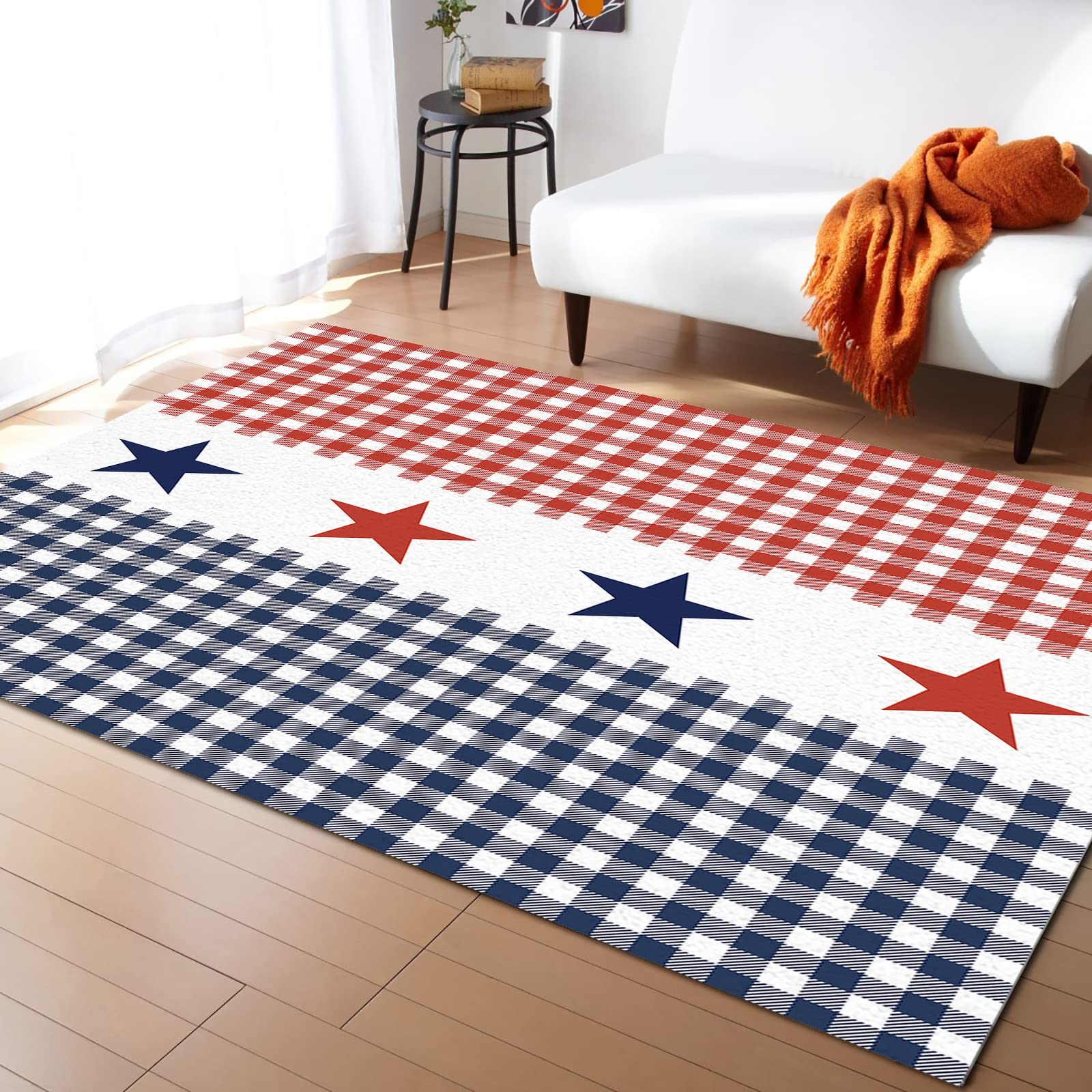 Buffalo Plaid Check Area Runner Rug 5'x7' - Washable Indoor Outdoor Rug for Kitchen, Living Room, Bathroom, Bedroom, Classroom & Laundry Room - Red Blue 4th of July Stars Doormat Welcome Mat - Perfect for Farmhouse Decor, Holiday Entryway & Cozy Home Styling