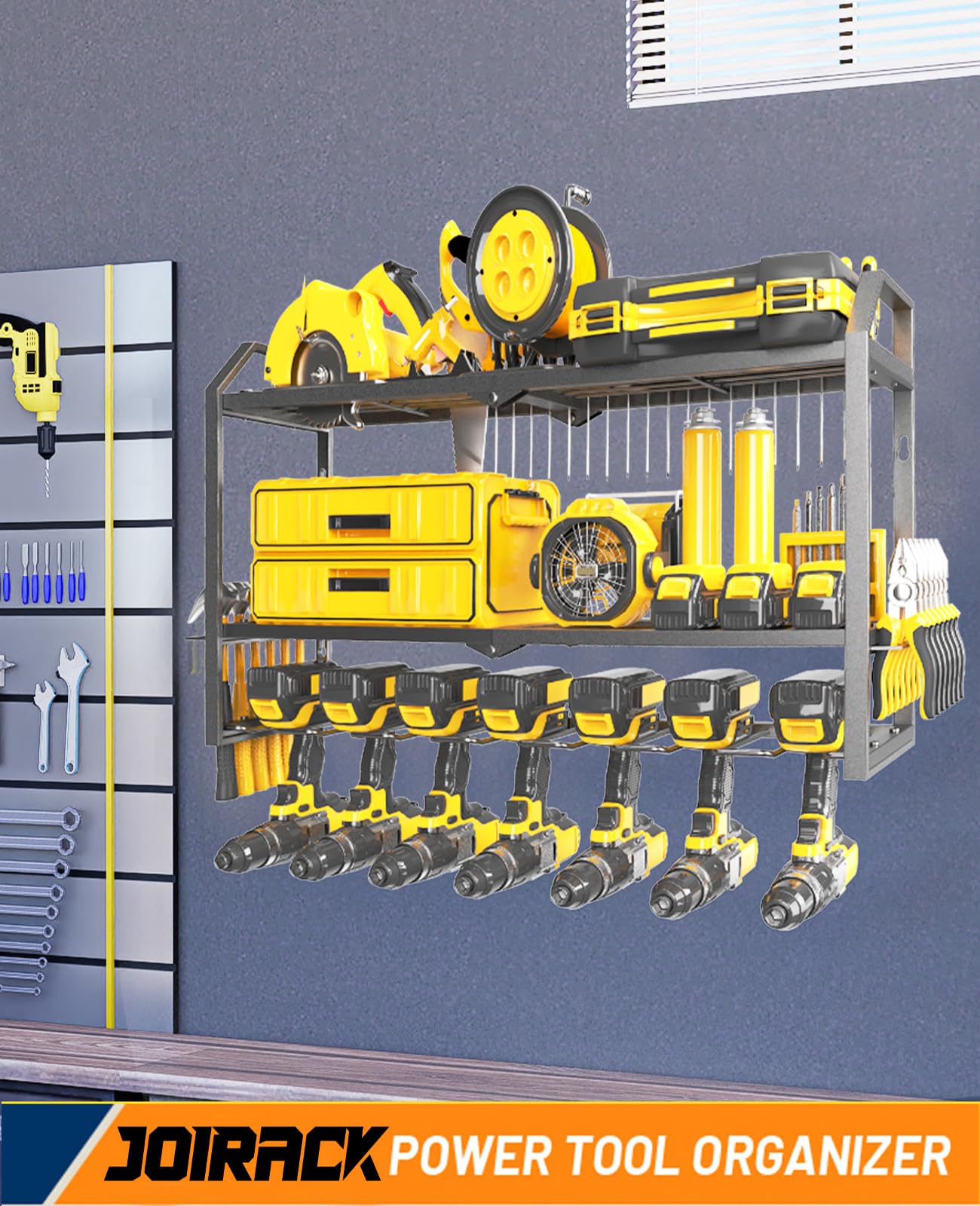 Heavy Duty Wall Mount Power Tool Organizer - 7 Drill Holders & 3-Tier Storage Rack (26 Inch) for Garage, Workshop & DIY Projects - Perfect Tool Organization Gift for Men & Husband