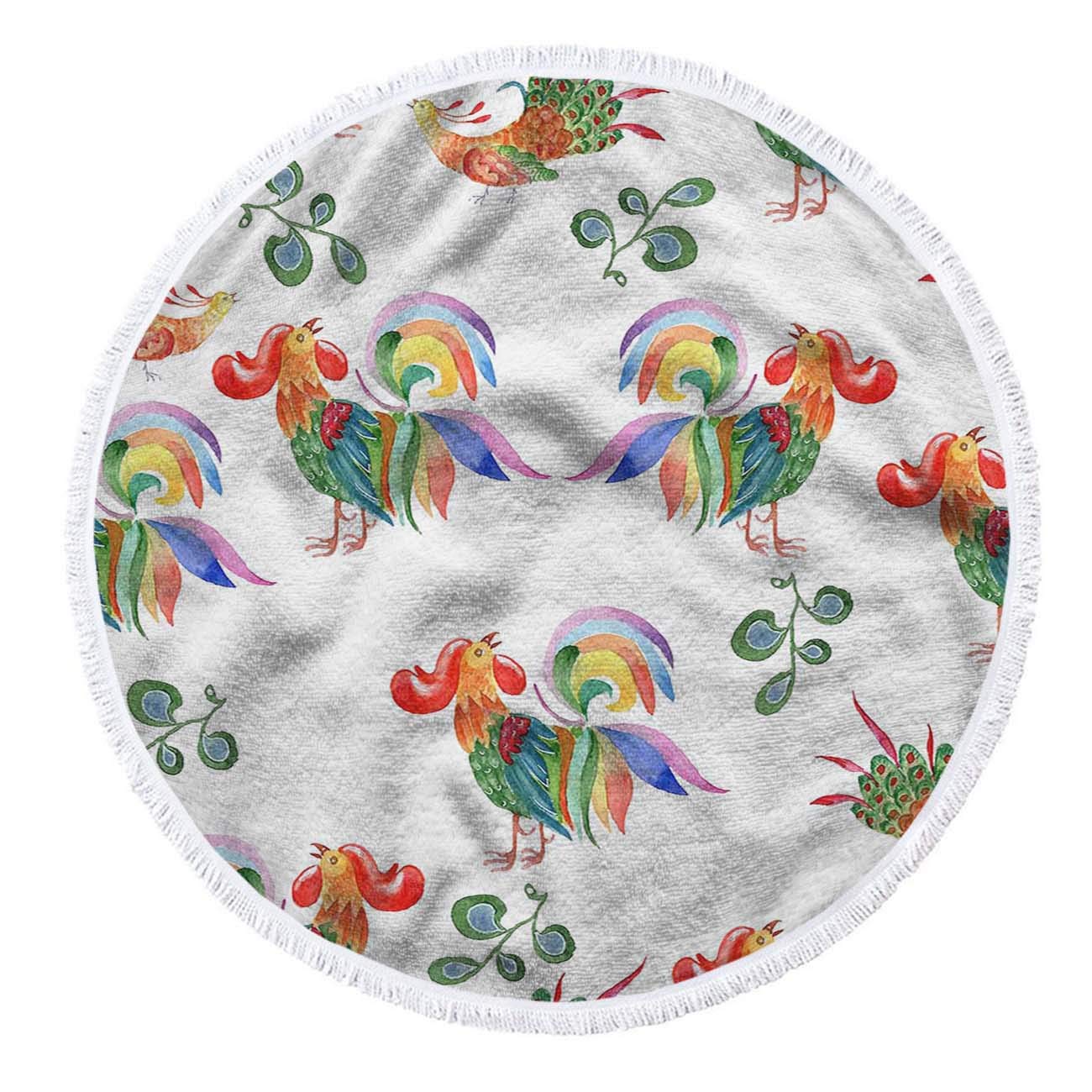 Colorful Rooster Round Beach Towel - 63 Inch Large Ukrainian Folk Floral Pattern Microfiber Blanket with Tassels for Women | Perfect for Beach, Pool, Picnic & Summer Outdoor Activities