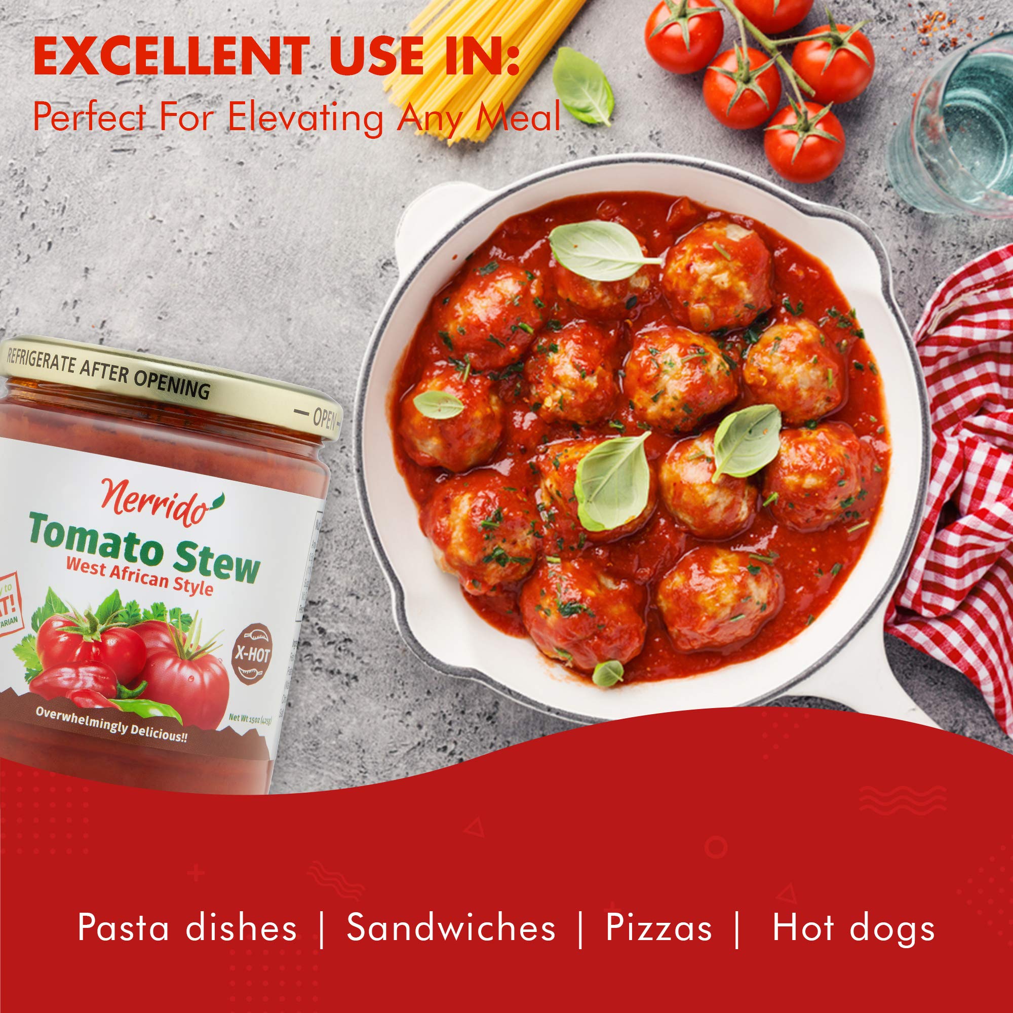 Nerrido African Style X-Hot Canned Tomato Stew & Jollof Rice Sauce - Spicy Pasta Sauce with Vegetables & Authentic Spices - 16oz (454g) 4-Pack - Perfect for Jollof Rice, Stews, Pasta & African Cuisine