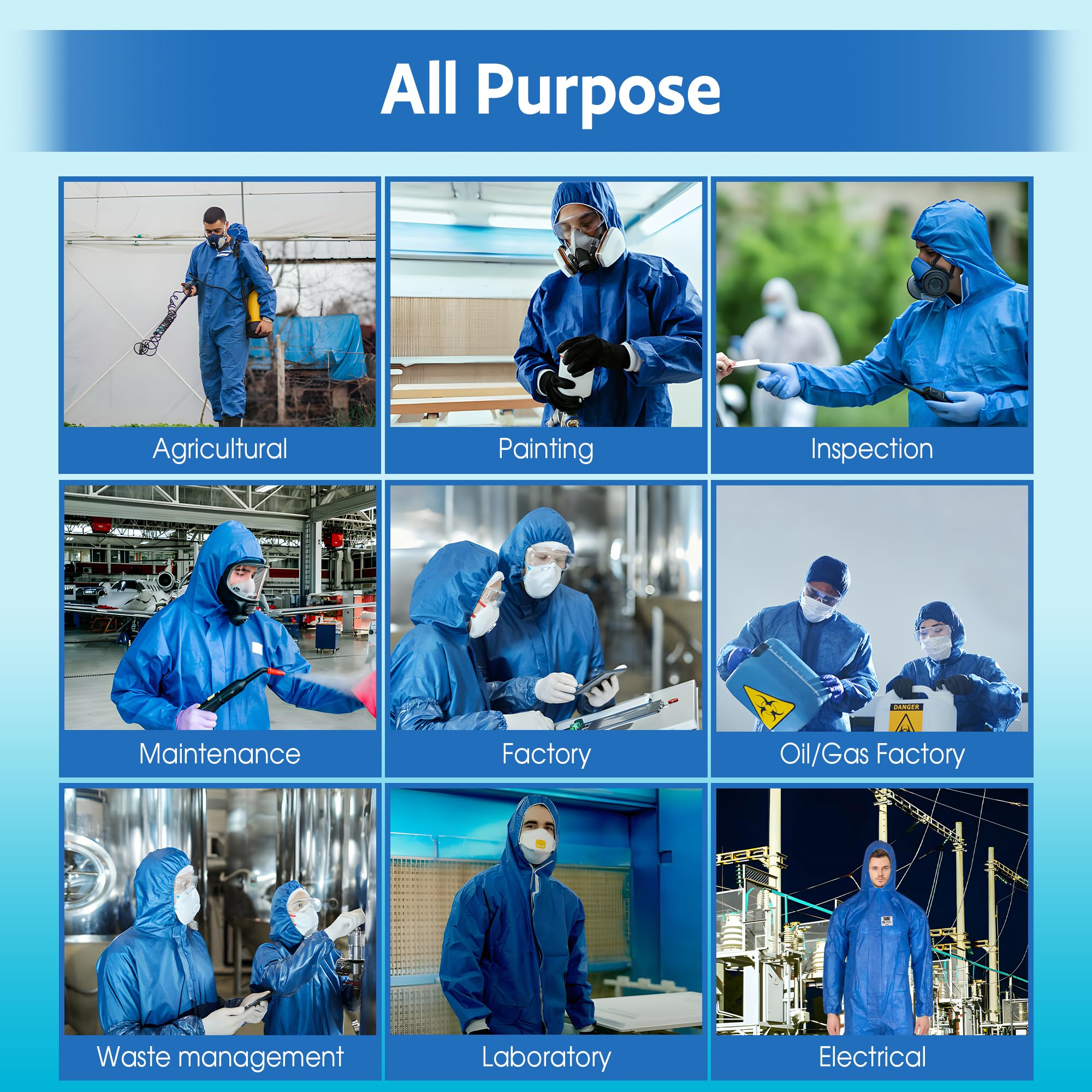 ATERET Disposable Coveralls 25 Pack - Blue Fire Retardant Protective Suit with Attached Hood | Full Body Protection for Oil & Gas Workers, Chemical Handling, Industrial Safety & Hazardous Environments