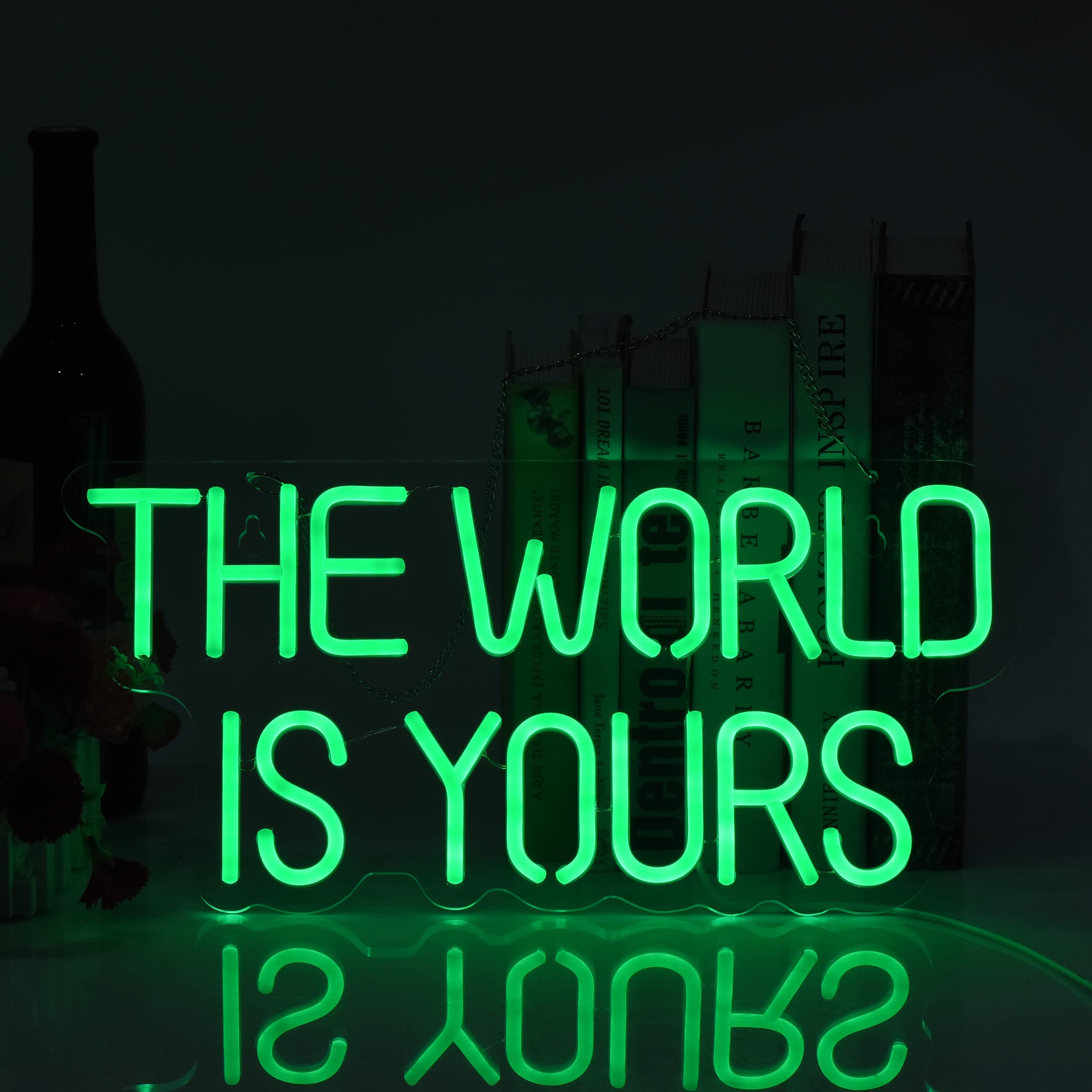 17x8 Inch LED Neon Green 'The World is Yours' Dimmable Wall Sign - Bedroom Decor, Home Accessories & Party Lighting for Living Room, Game Room and Holiday Decorations