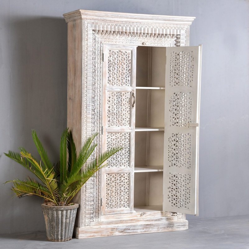 Hand Carved Solid Wood Indian White Armoire - Elegant Storage for Bedroom, Living Room & Home Decor | Perfect for Organizing Clothes, Blankets & Accessories