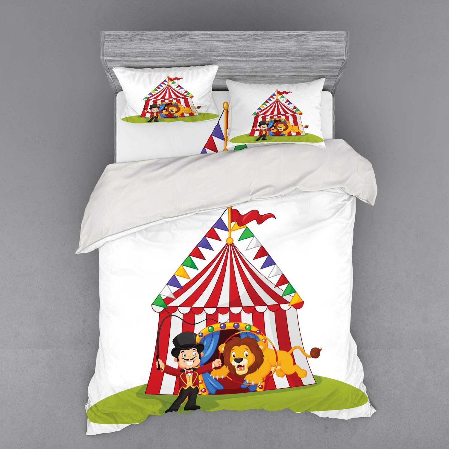 Ambesonne Circus Duvet Cover Set - Queen Size 4-Piece Bedding with Cartoon Lion Jumping Through Ring & Circus Tent Design, Includes Shams & Fitted Sheet, Multicolor - Perfect for Kids' Rooms, Themed Bedrooms & Circus Lovers