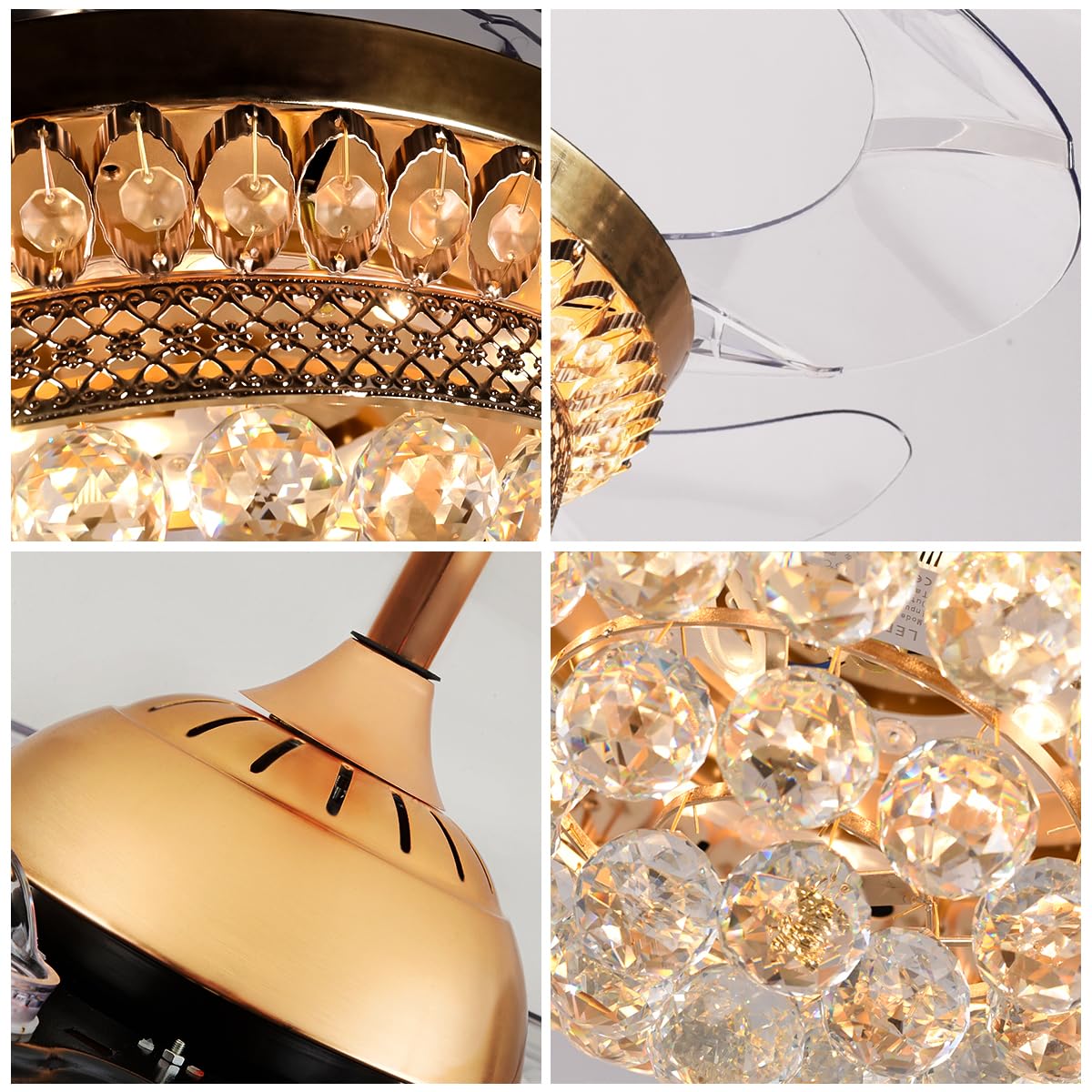 42 Inch Retractable Ceiling Fan with Light - Remote Control, French Gold Finish, Modern Luxury Crystal Chandelier Fan with 3 Adjustable Lights - Perfect for Bedroom, Living Room, and Restaurant Decor