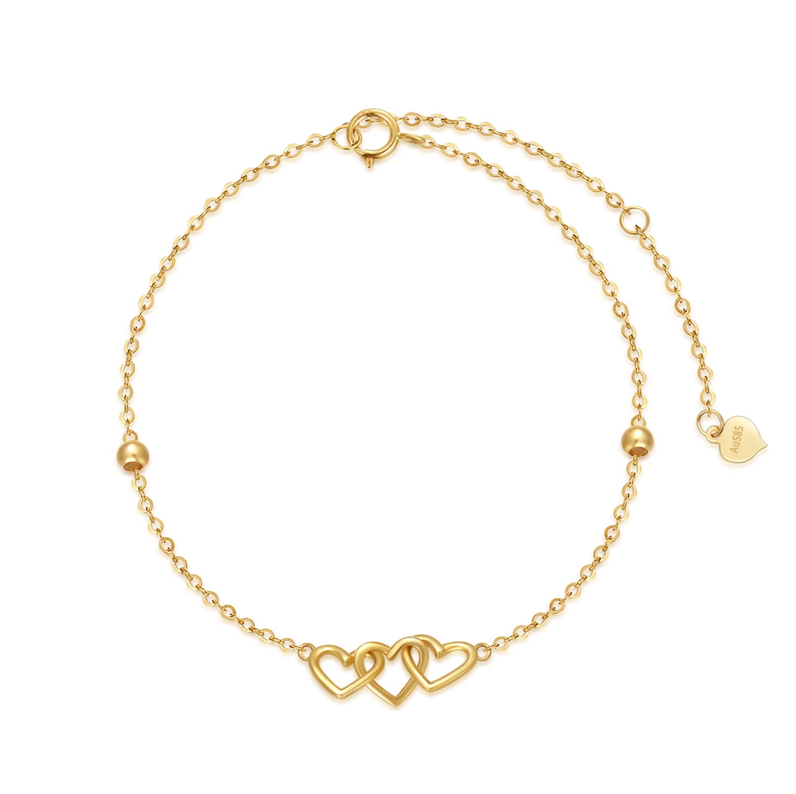 14K Real Gold Heart Beaded Bracelet for Women - Yellow Gold Love Jewelry with Three Hearts, Adjustable 6.5+2 Inch, Perfect Gift for Birthday, Christmas, Anniversary - Ideal for Date Night, Wedding, Special Occasions