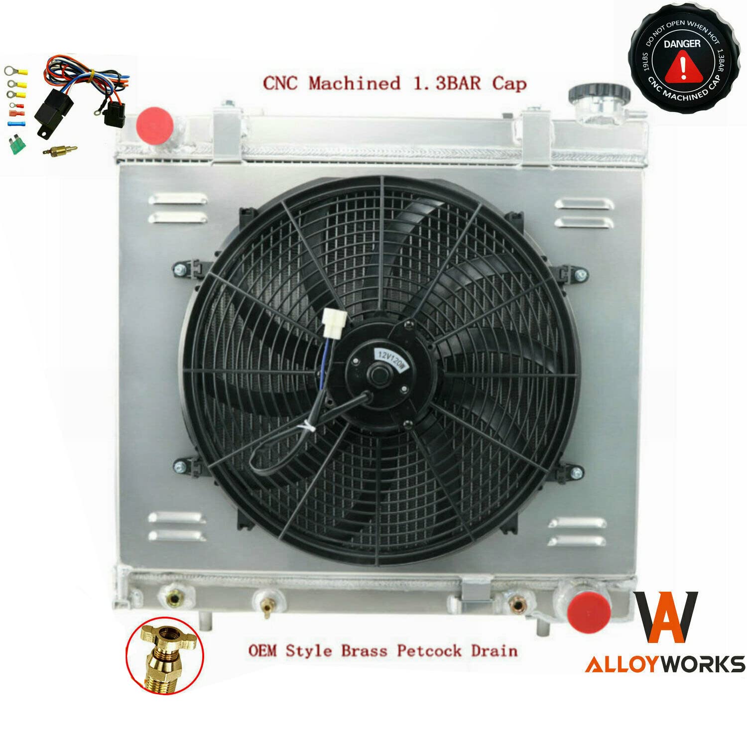 AlloyWorks 3-Row Aluminum Radiator with Shroud Fan & Relay Kit - Compatible with 2005-2011 Dodge Dakota & Mitsubishi Raider 3.7L 4.7L V6 Engines - Heavy Duty Cooling Upgrade for Off-Roading, Towing & High-Performance Driving