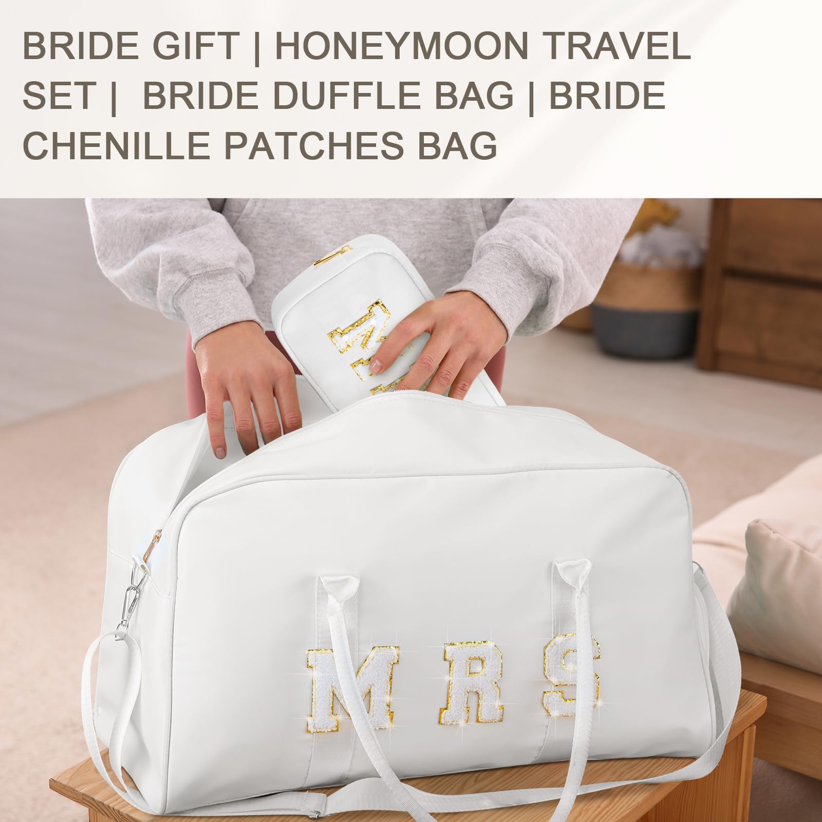 2 Pcs Wedding Weekender Bag for Bride & Groom - Personalized Chenille Letter Patch Duffle Travel Bag - Perfect for Bridal Shower, Honeymoon, Bachelorette Party & Romantic Getaways (MRS)