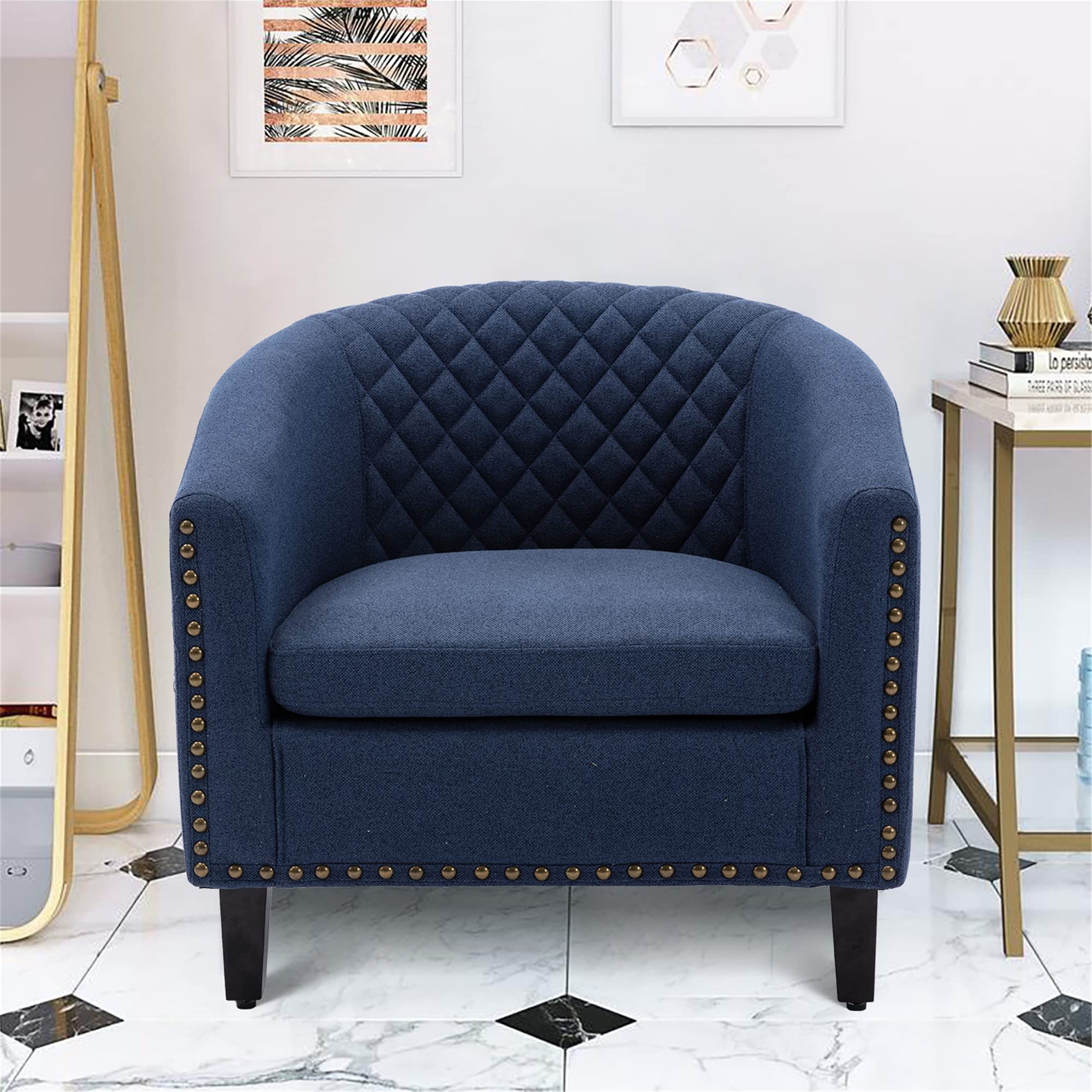 Vintage Bucket Chair with Upholstered Fabric & Brass Nails - Navy & Linen Accent Chair for Living Room, Bedroom, or Office - Cozy Reading Chair & Stylish Home Decor