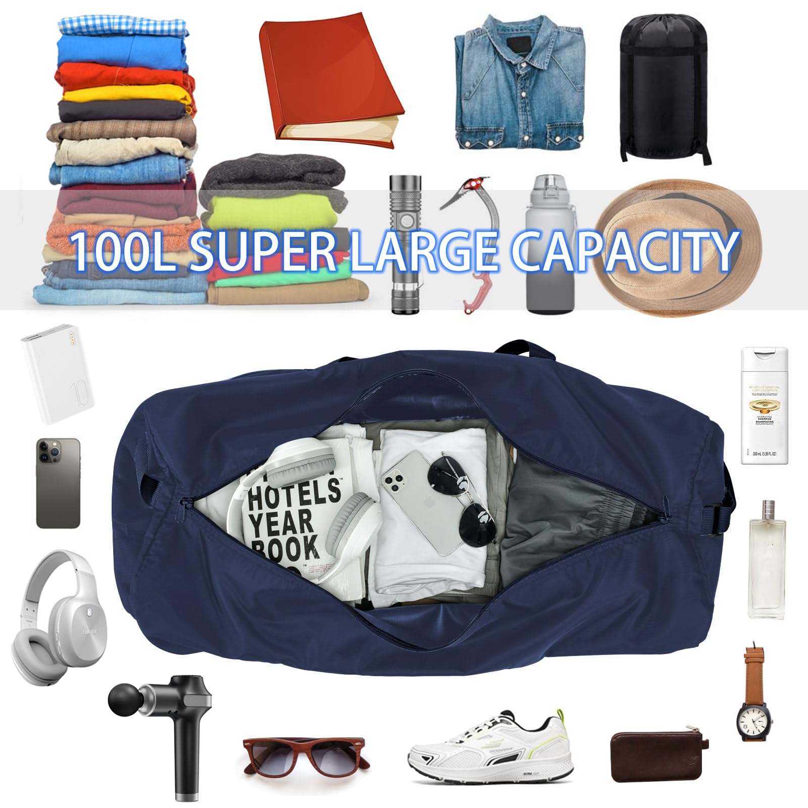105L Extra Large Duffel Bag 32.5 Inch Lightweight Travel Luggage Bag for Gym, Camping & Sports - Navy Blue Waterproof Duffle with Shoulder Strap - Perfect for Weekend Trips & Outdoor Adventures