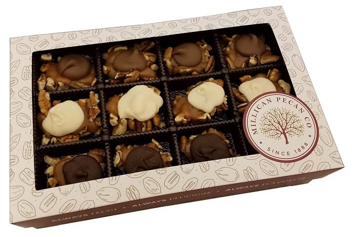 Premium Dark/White/Milk Chocolate Caramel Pecan Clusters | 5-Pack 8oz Gift Boxes | Handmade in Texas Since 1888 | Perfect for Holidays, Corporate Gifts & Sweet Treats | Millican Pecan