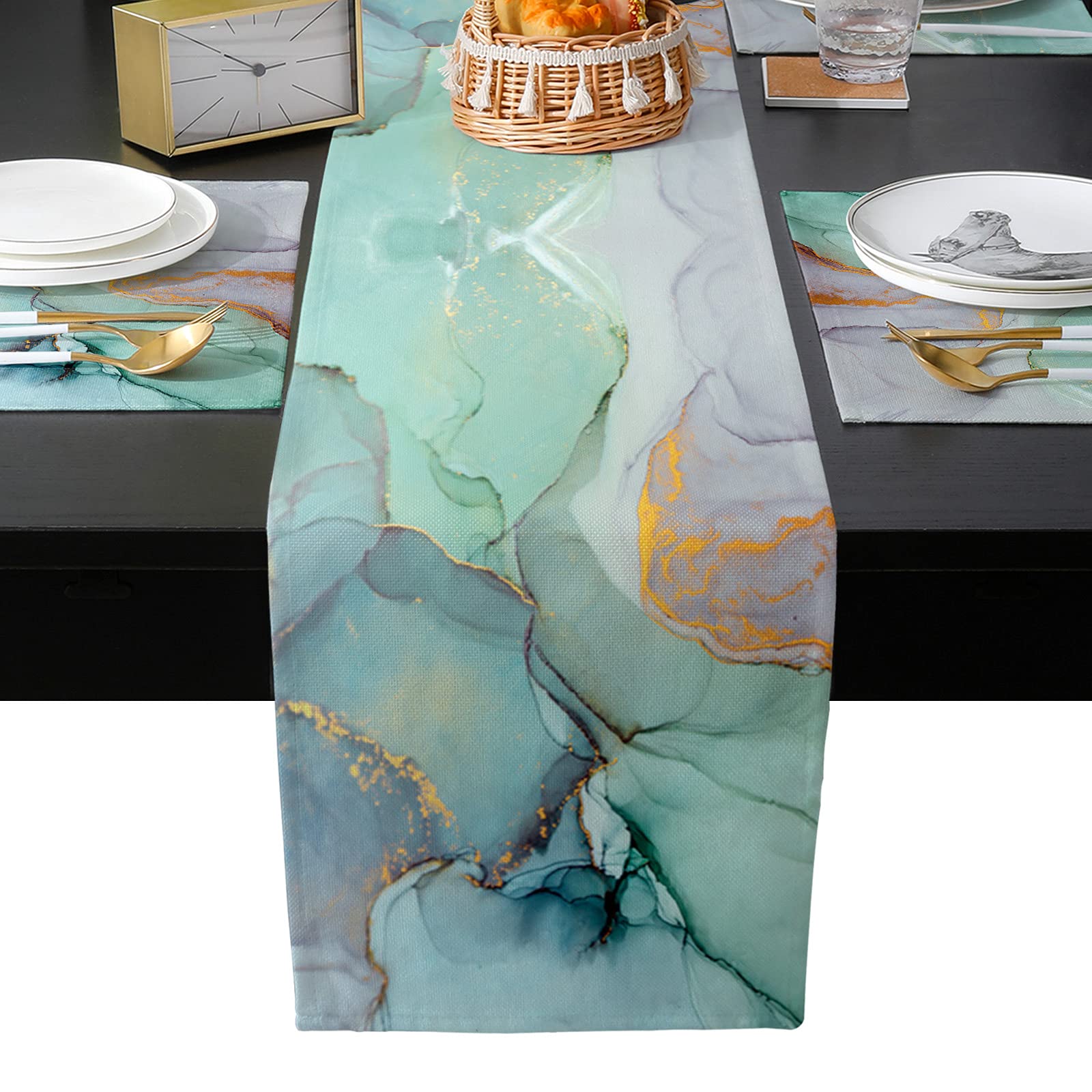Elegant Turquoise Marble Table Runner Set with 6 Matching Placemats - Waterproof Kitchen Dining Table Decor for Holiday Dinner Parties & Home Entertaining