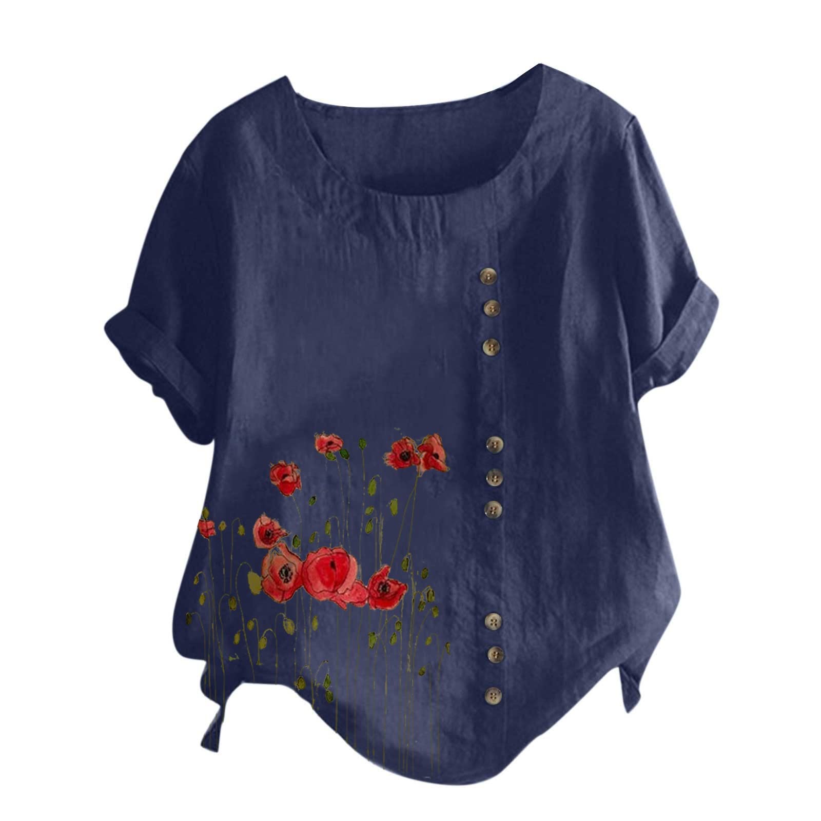 Women's Short Sleeve Tunic Tops - Fashion Print Cotton Linen Blend Button-Down Shirt - Loose Fit Casual Blouse for Work, Travel & Everyday Wear