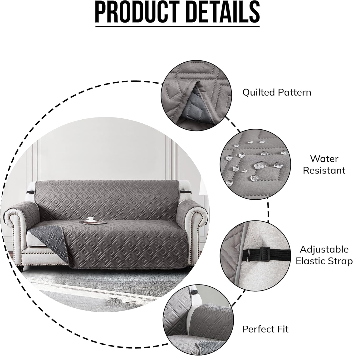 Hafaa 3 Seater Sofa Cover - Water Resistant, Non-Slip Couch Slipcover with Adjustable Elastic Straps & Hooks - Light Grey & Dark Grey Furniture Protector for Pets, Dogs & Kids | Perfect for Living Room, Family Room & Pet-Friendly Homes
