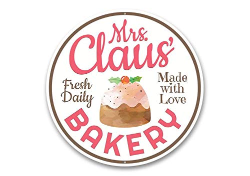 Mrs Claus Bake Shop - Vintage Metal Round Sign for Christmas Baking & Decor - Perfect for Kitchen Wall Decor, Holiday Party & Gift Giving