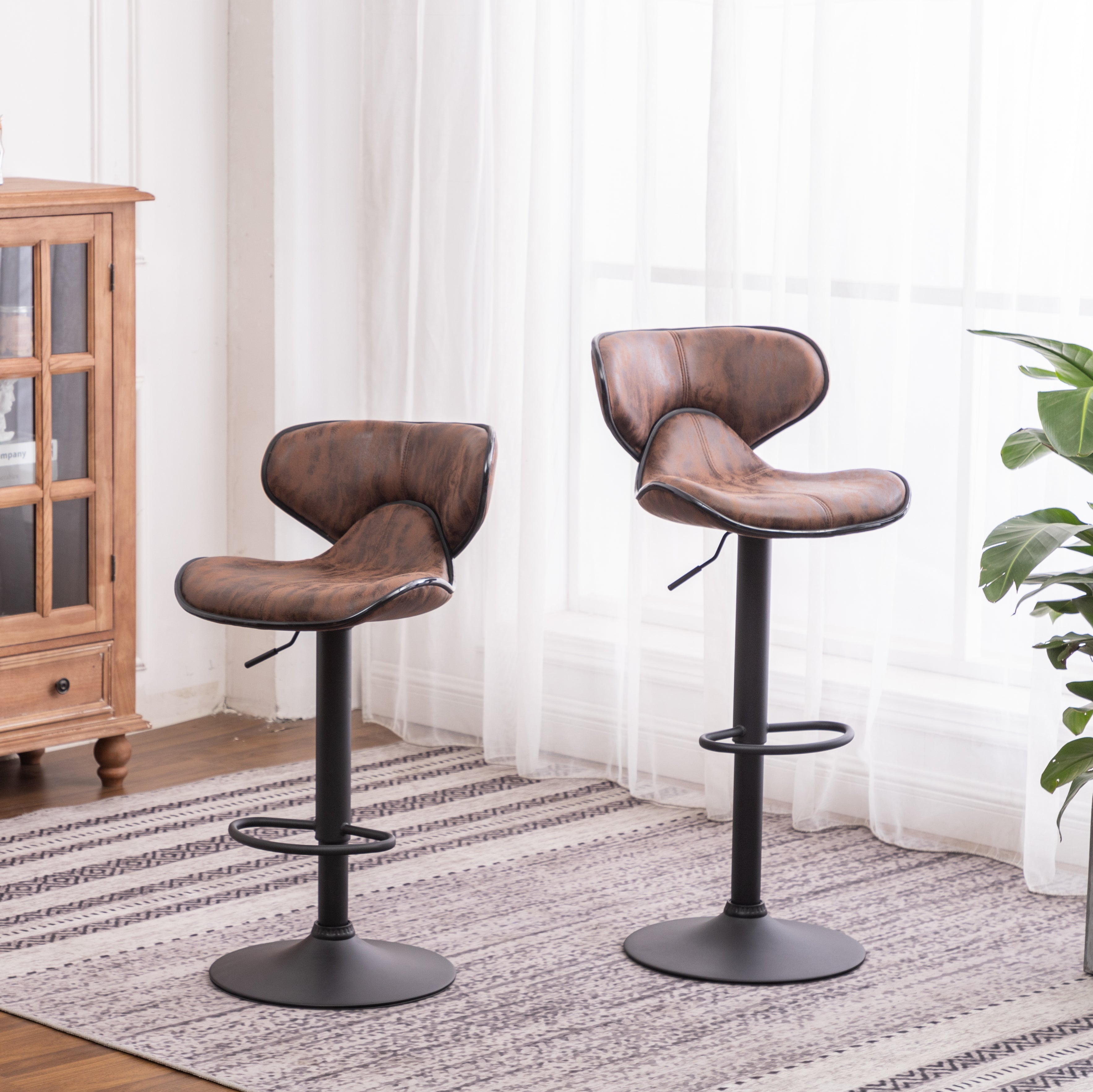 Roundhill Furniture Masaccio Upholstered Adjustable Swivel Bar Stool with Chrome Base - Set of 2, Weathered Brown - Perfect for Kitchen Islands, Home Bars & Breakfast Nooks