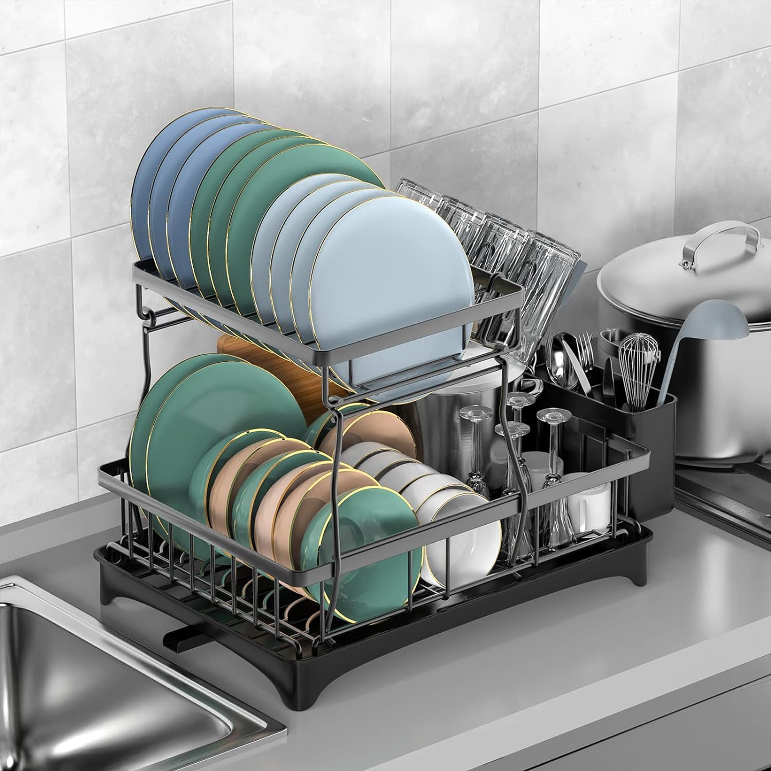 Stainless Steel Over Sink Dish Drying Rack - 2 Tier Adjustable Large Dish Drainer for Kitchen Counter Organization | Space Saving Storage Solution | Perfect for Small Kitchens, Apartments & RV Use (Model RK-281)