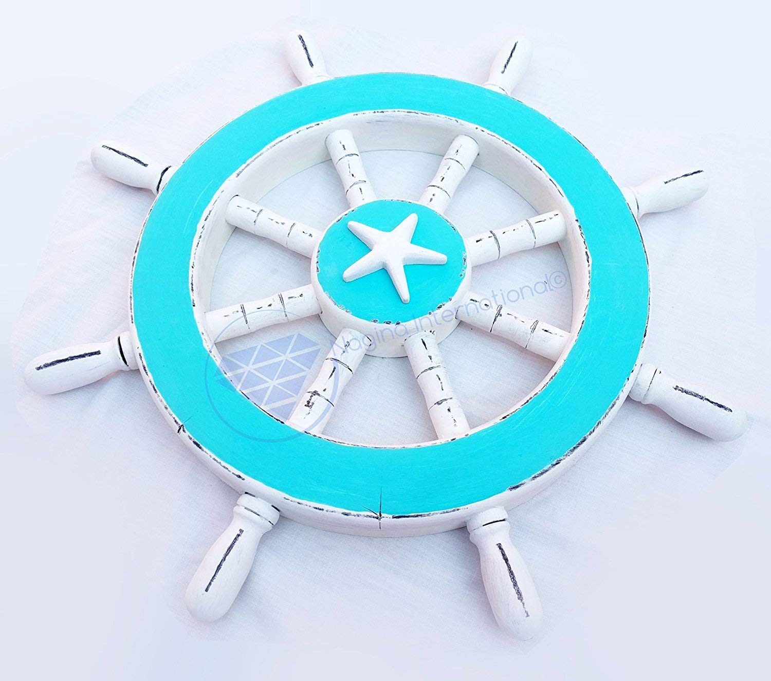 Nagina International 42 Inch Rustic Ocean Blue Nautical Ship Wheel Wall Decor with Starfish Motif - Perfect Pirate Themed Home Decor & Unique Sea Gift for Beach House, Coastal Living Room or Nautical Bedroom