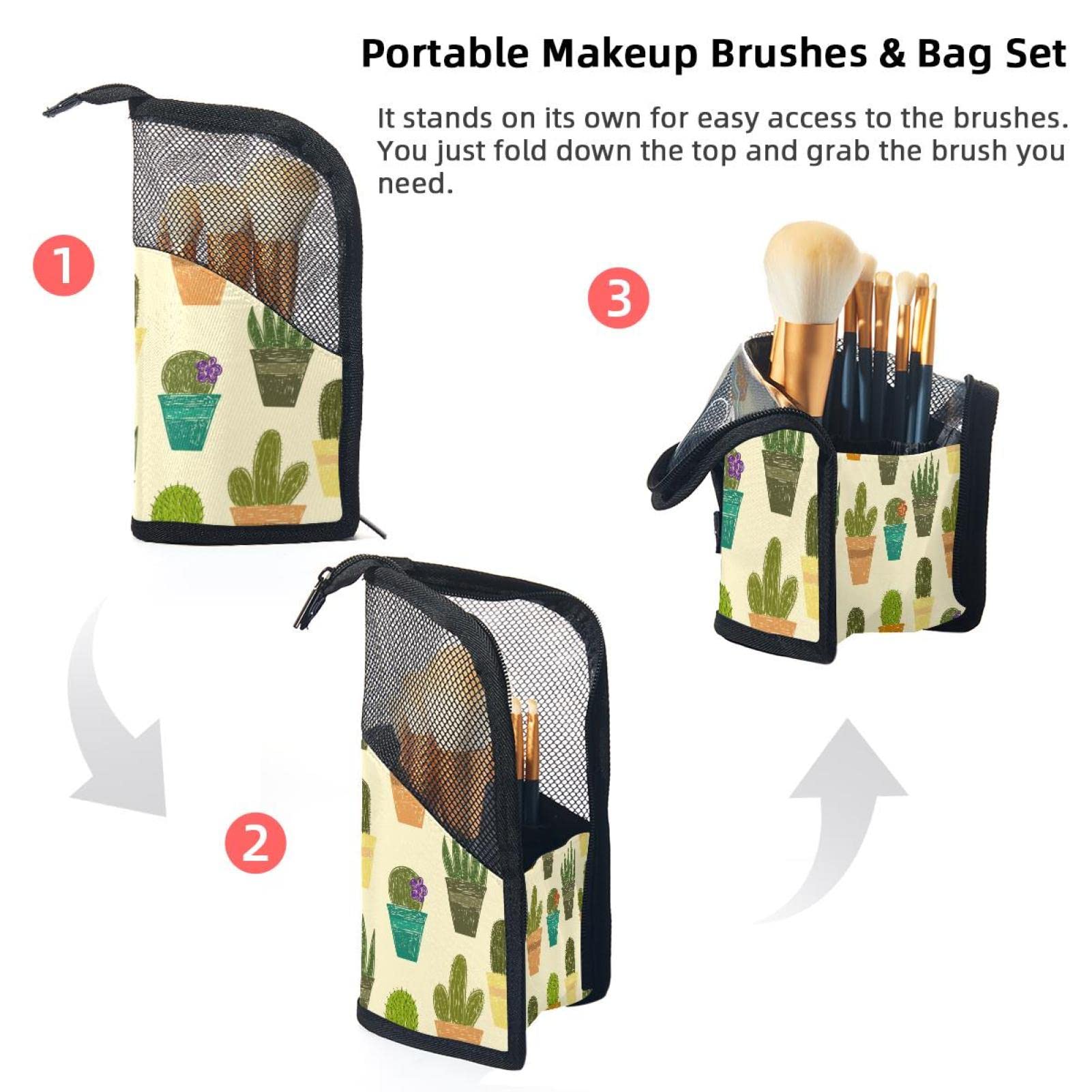 12-Piece Makeup Brush Organizer Bag with Succulents Design - Portable Travel Cosmetic Brush Holder Case for Makeup Artists & Beauty Enthusiasts - Perfect for Home, Travel & Professional Use