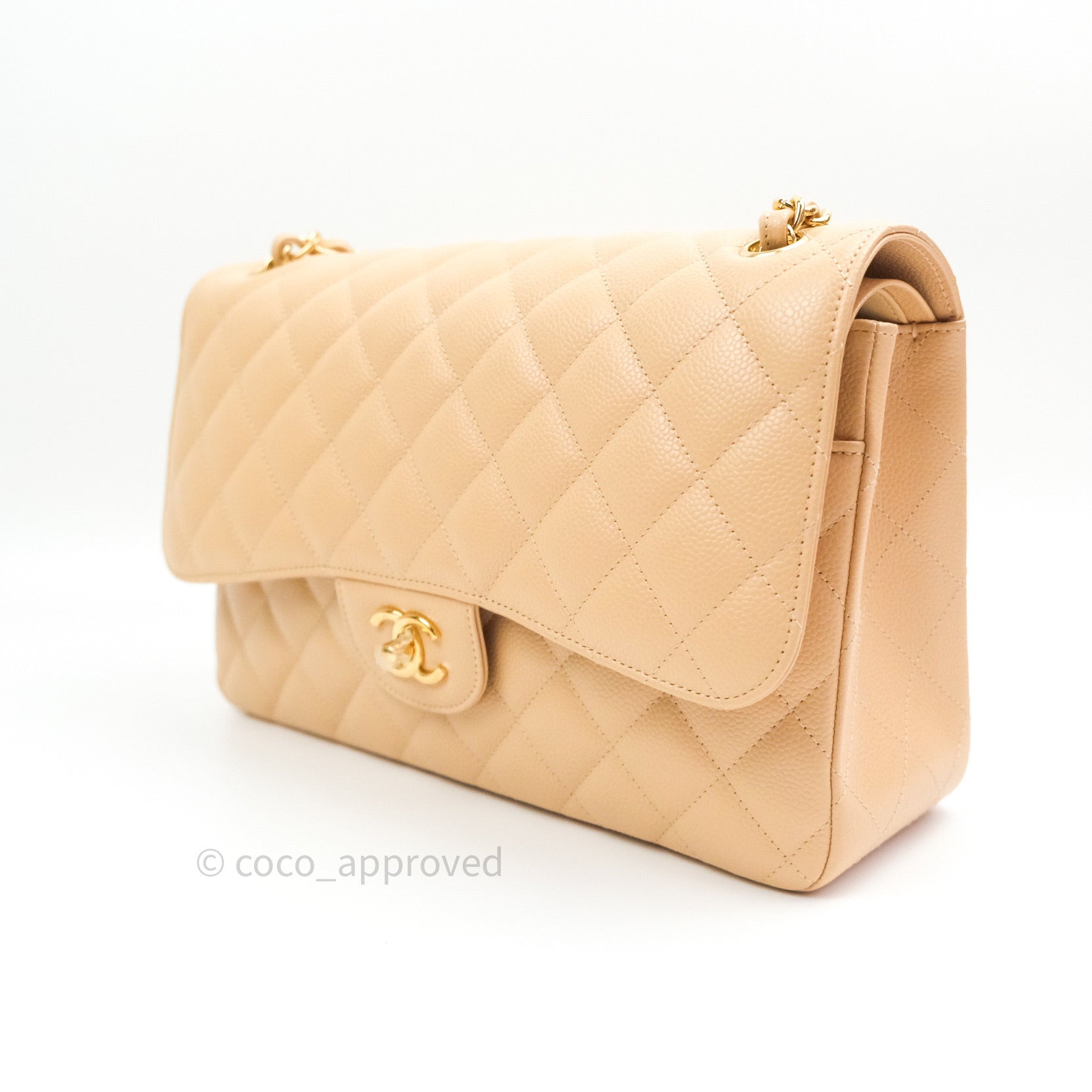 Chanel Classic Jumbo Double Flap Bag Beige Caviar Leather with Gold Hardware - Luxury Designer Handbag for Women, Perfect for Parties & Special Occasions
