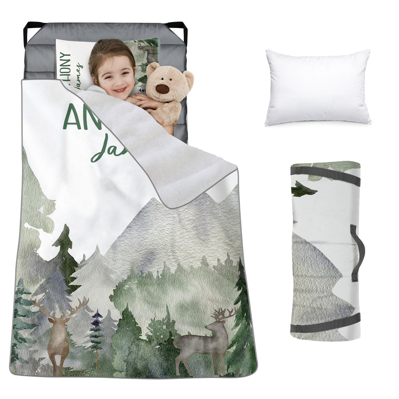 Personalized Toddler Nap Mat with Flannel Blanket & Removable Pillow - Custom Name Slumber Bag for Preschool & Daycare - Roll Up Sleeping Mat for Boys & Girls with Cute Animal Designs | Perfect for Naptime, Travel & Sleepovers