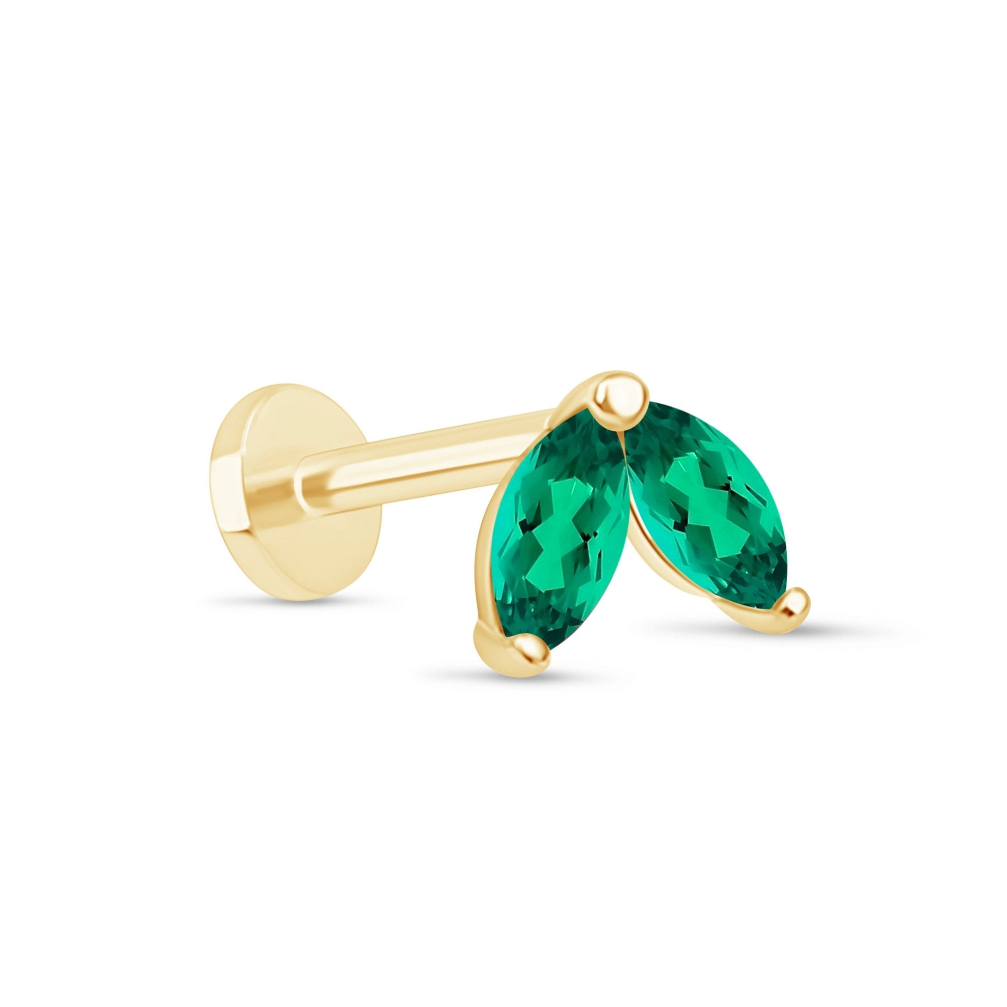 14K Solid Yellow Gold Emerald Double Marquise Flat Back Stud Earrings – Elegant Jewelry for Women, Perfect for Parties, Weddings & Daily Wear