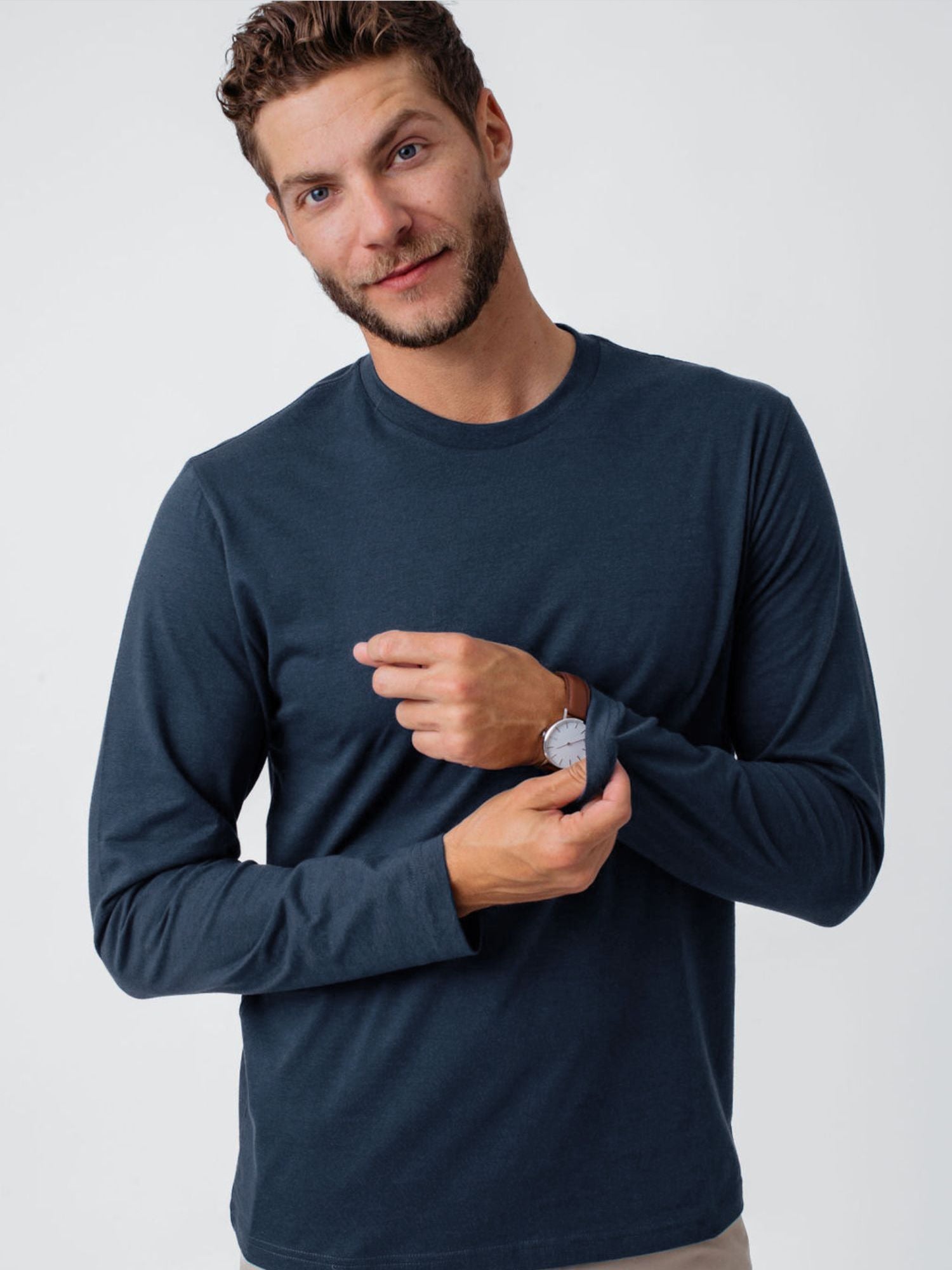 Indigo Blue Long Sleeve Crew Neck T-Shirt for Men & Women | Soft Cotton Casual Top | Perfect for Everyday Wear, Work & Outfits