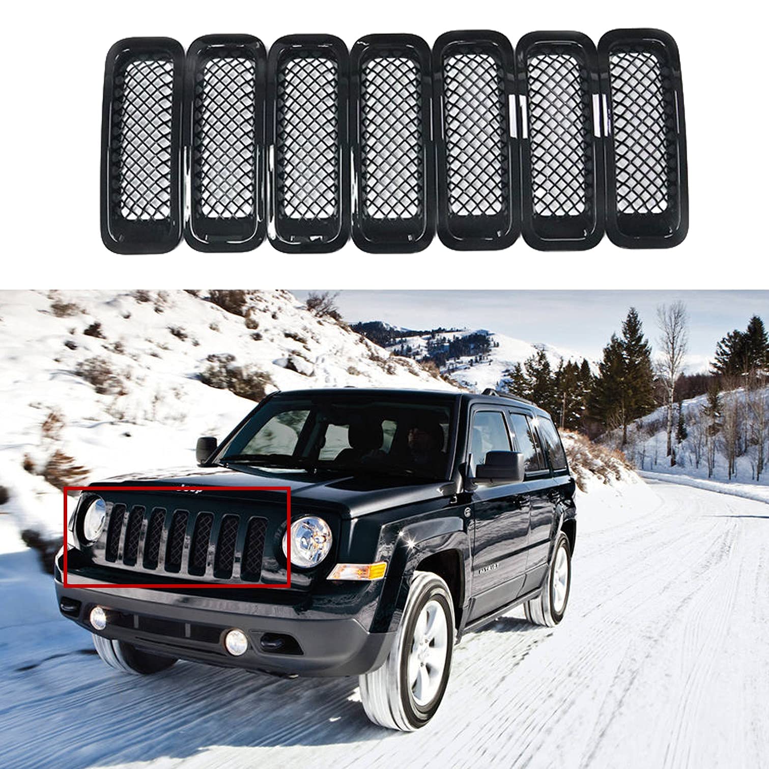 AVOMAR Black Front Grille Mesh Insert & Angry Bird Headlight Cover Kit - Compatible with Jeep Patriot 2011-2016 - Upgrade Your Jeep's Aggressive Style for Off-Road Adventures & Car Shows