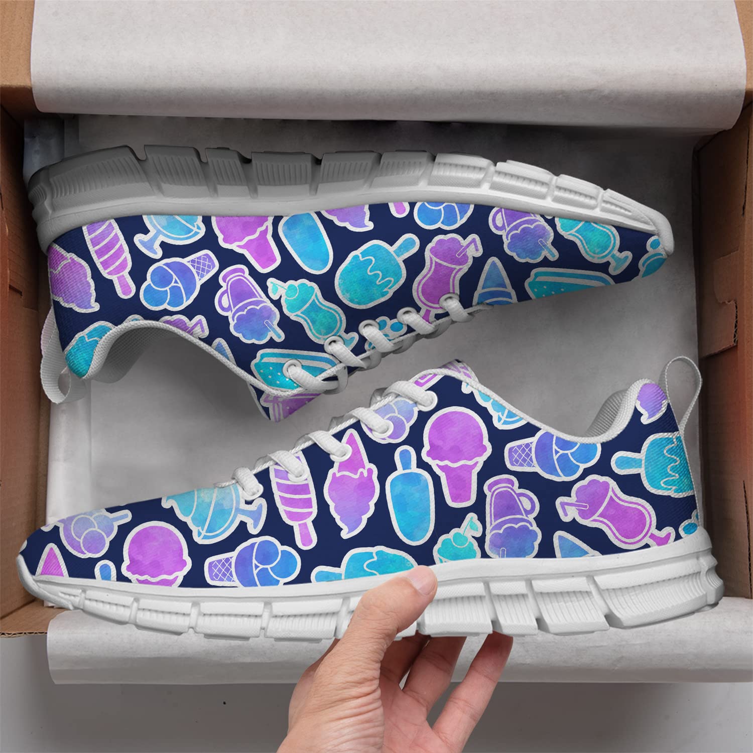 Women's Men's Girls' Ice Cream Print Running Sneakers - Melted Ice Cream with Sprinkles Design Tennis Walking Shoes - Perfect for Parties, Gifts & Casual Wear - Men's Size 11, Women's Size 13 - Fun Summer Fashion Footwear for Beach, Park & Outdoor Activities