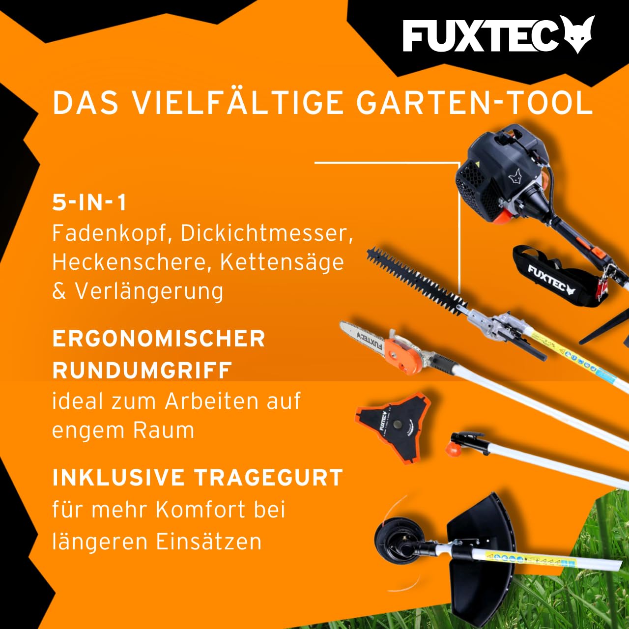 FUXTEC FX-MT252ER 5-in-1 Multi-Tool Gasoline Brush Cutter - 52cc 3HP 2-Stroke Engine with Adjustable Hedge Trimmer, Grass Trimmer, Shoulder Strap & 1m Extension - Perfect for Lawn Care, Landscaping, Yard Maintenance and Property Clearing