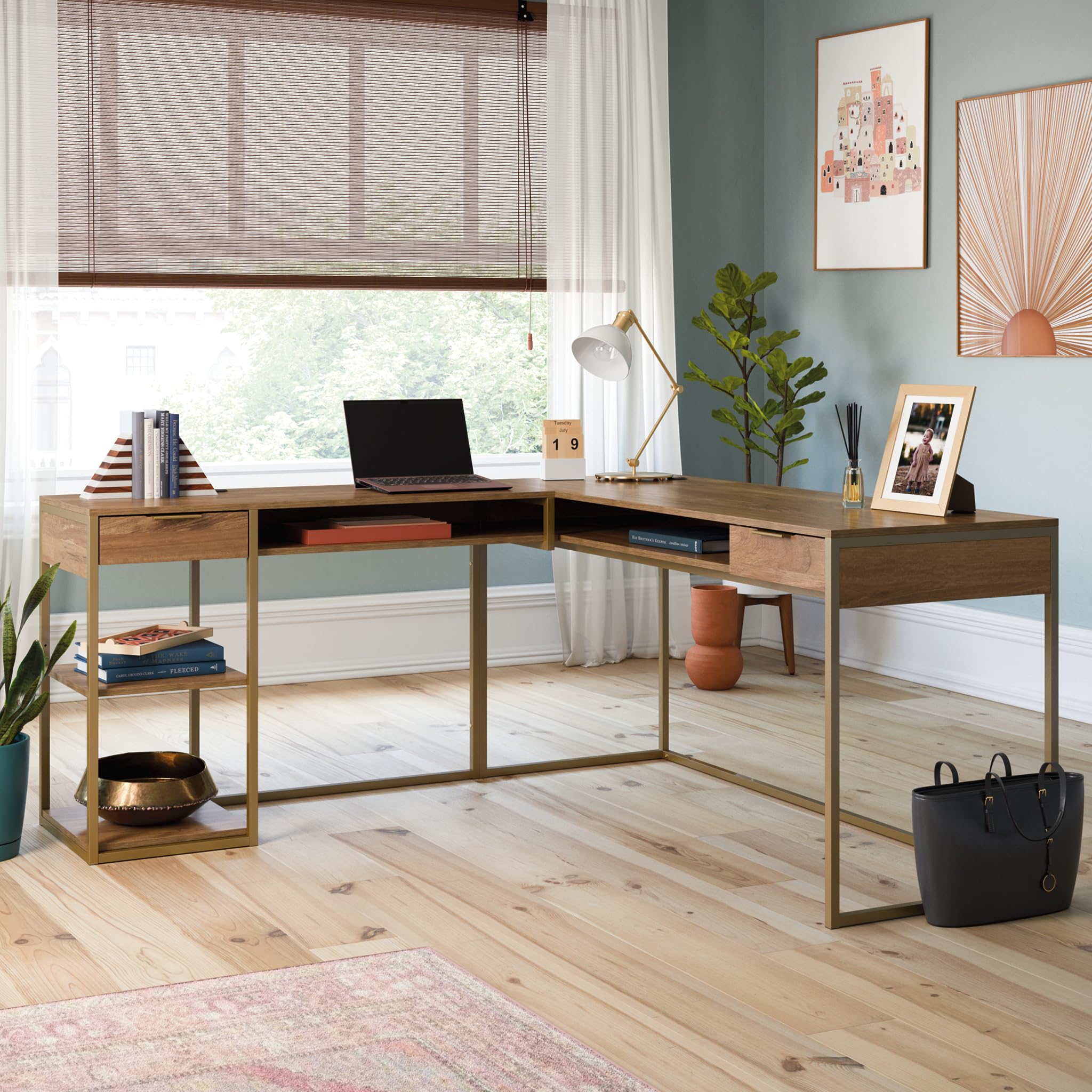 Sauder International Lux L-Shaped Desk with Sindoori Mango Finish - Modern Home Office Workstation for Small Spaces, Gaming & Study