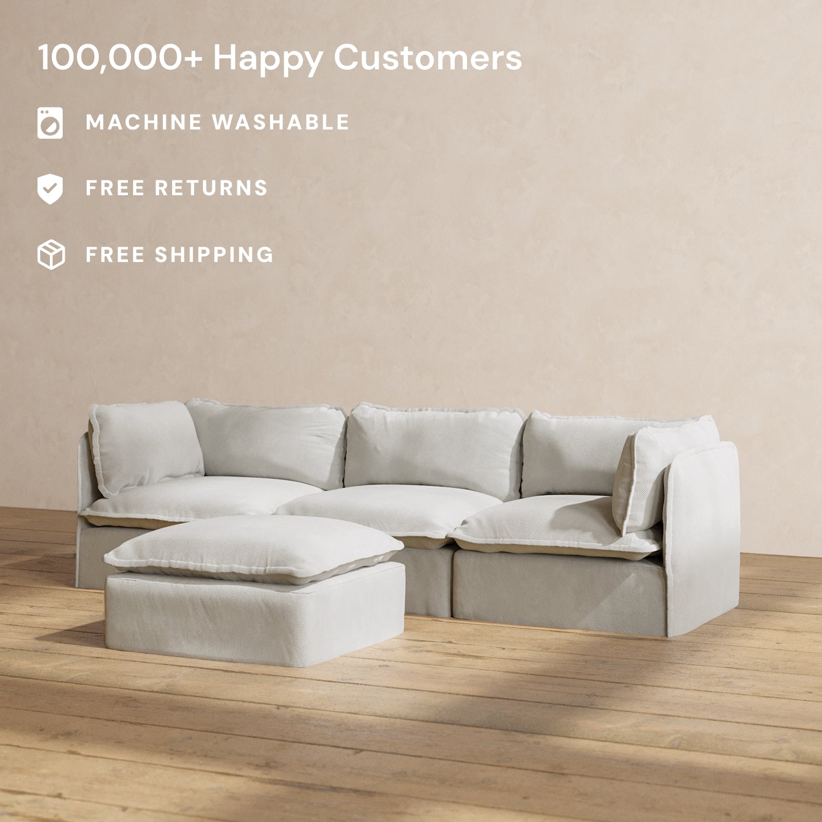 Modular Performance 3-Seater Sofa with Ottoman in Cloud Color - Modern Sectional Couch for Living Room | Relaxed Blend Fabric | Perfect for Family Gatherings & Movie Nights