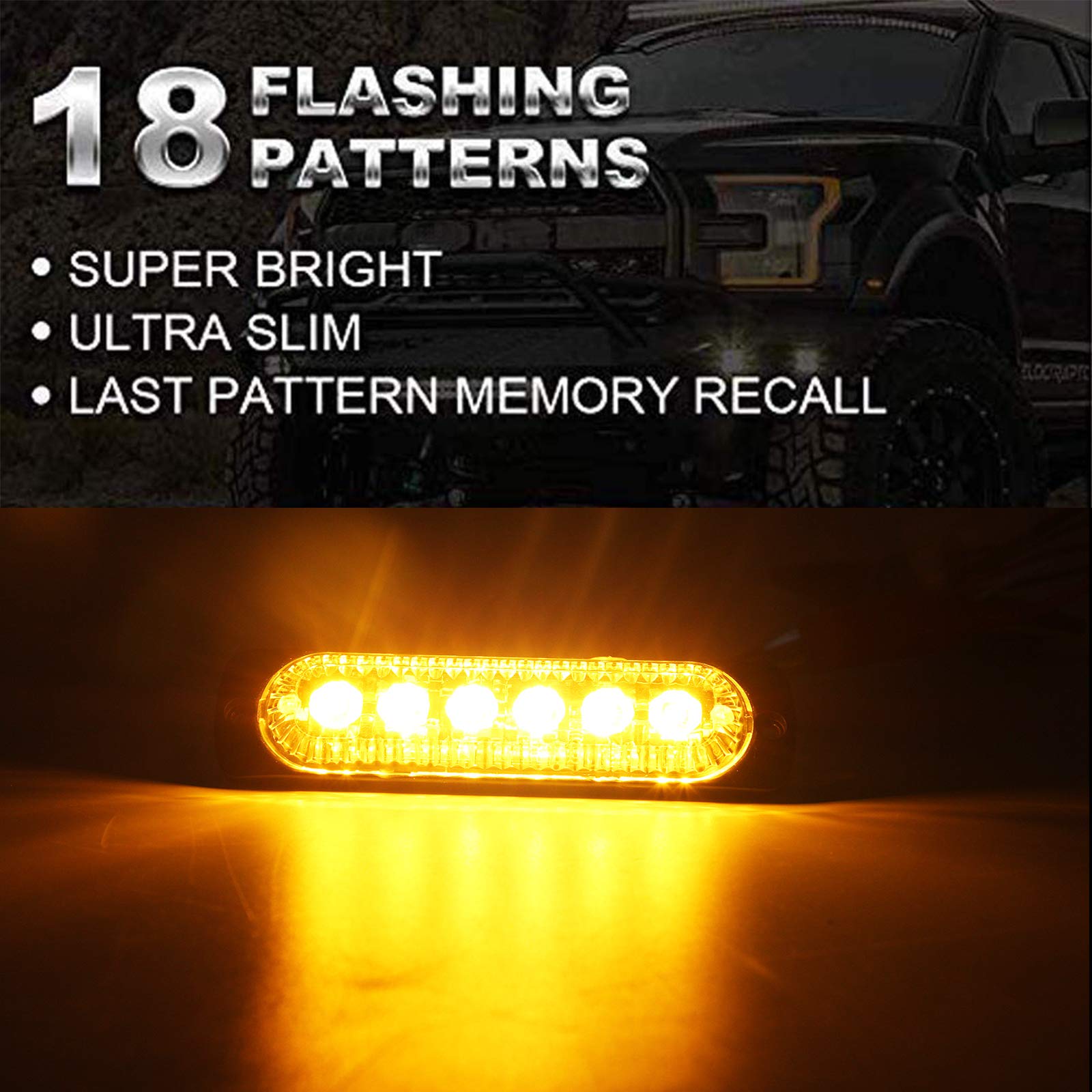 12-24V LED Amber Strobe Light Bar - 6 LED Surface Mount Flashing Emergency Warning Lights for Trucks, Cars & Vehicles (2 Pack) - Ideal for Roadside Safety, Construction Zones & Emergency Signaling