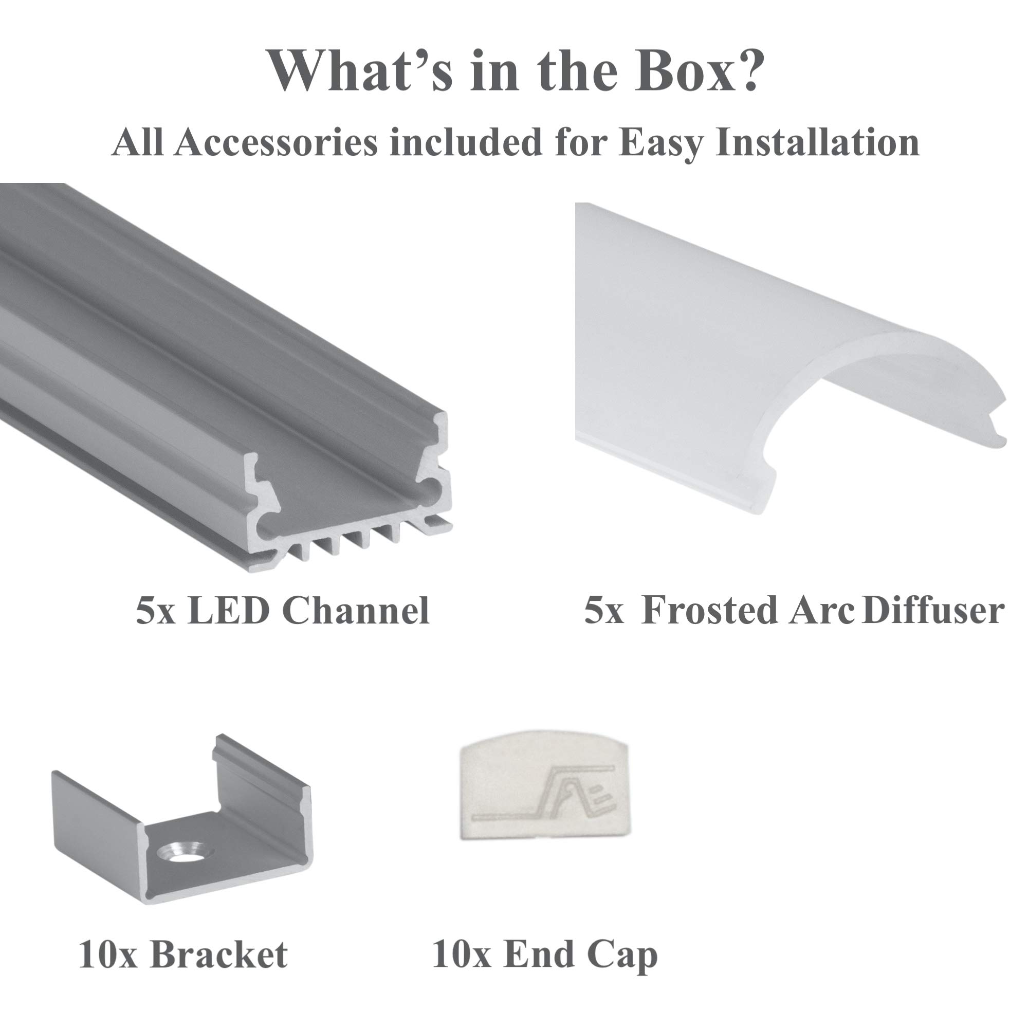 LEDPROFILES 5-Pack 8ft (2.4Meter) U-Shaped LED Aluminum Channels with Frosted Arc Diffusers, End Caps & Mounting Accessories - 967 Series LED Profile Extrusion for Home, Office & Commercial Lighting Installation