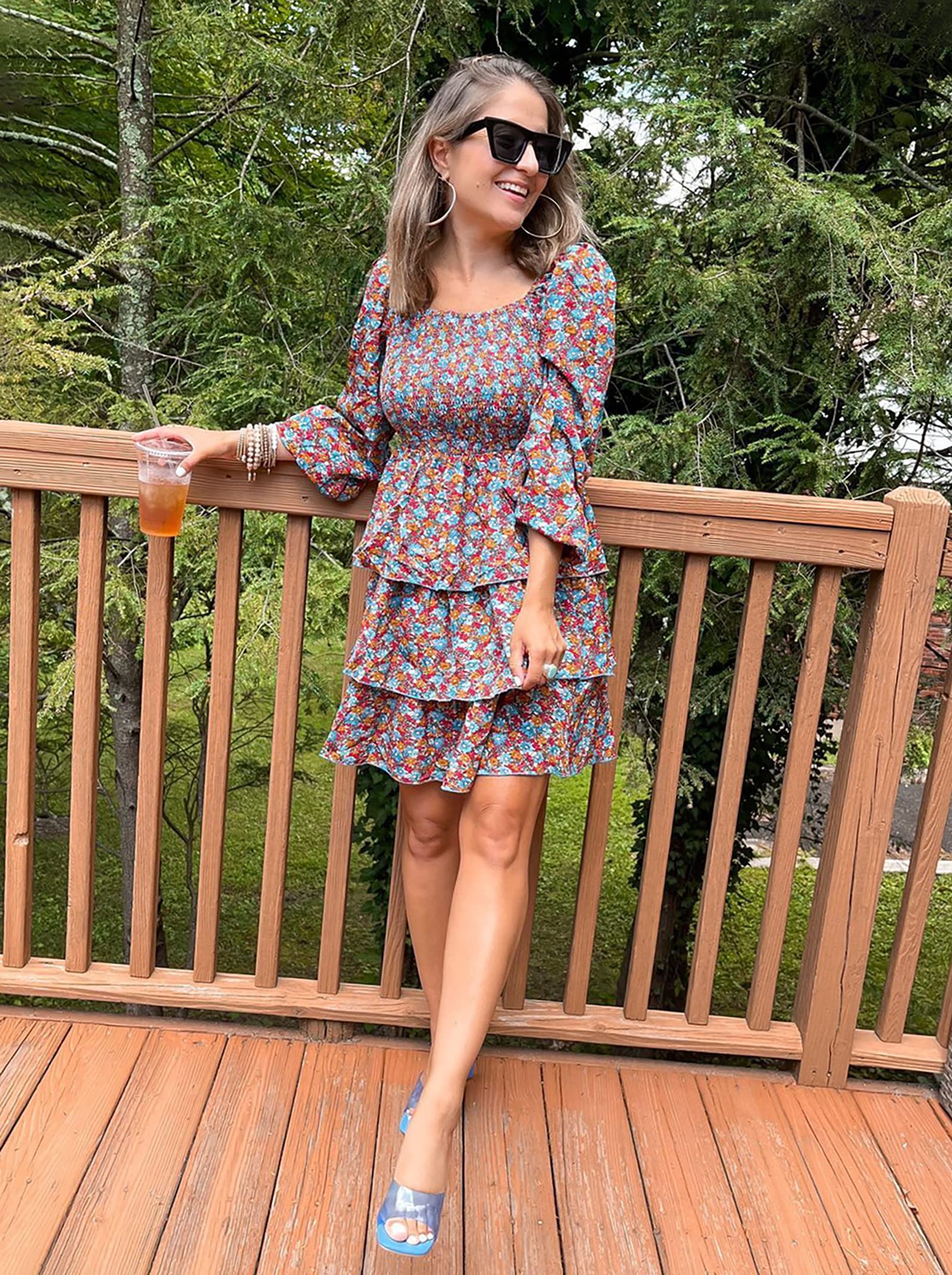 BTFBM Women's Floral Swiss Dot Smocked Mini Dress - Square Neck Long Sleeve Boho Wedding Guest Dress for Spring & Summer 2025 | Perfect for Garden Parties, Bridal Showers & Casual Events