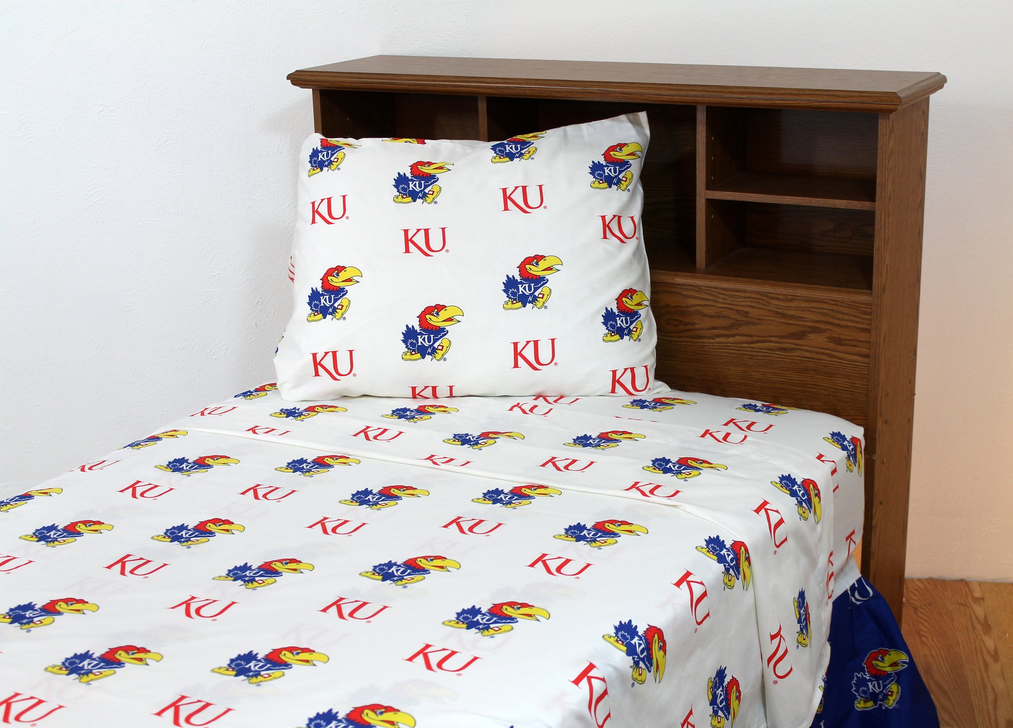 Kansas Jayhawks King Size 4-Piece Sheet Set - 1 Flat Sheet, 1 Fitted Sheet & 2 Pillowcases - Ultra Soft College Bedding in White - Perfect for Dorms, Guest Rooms & Jayhawks Fans