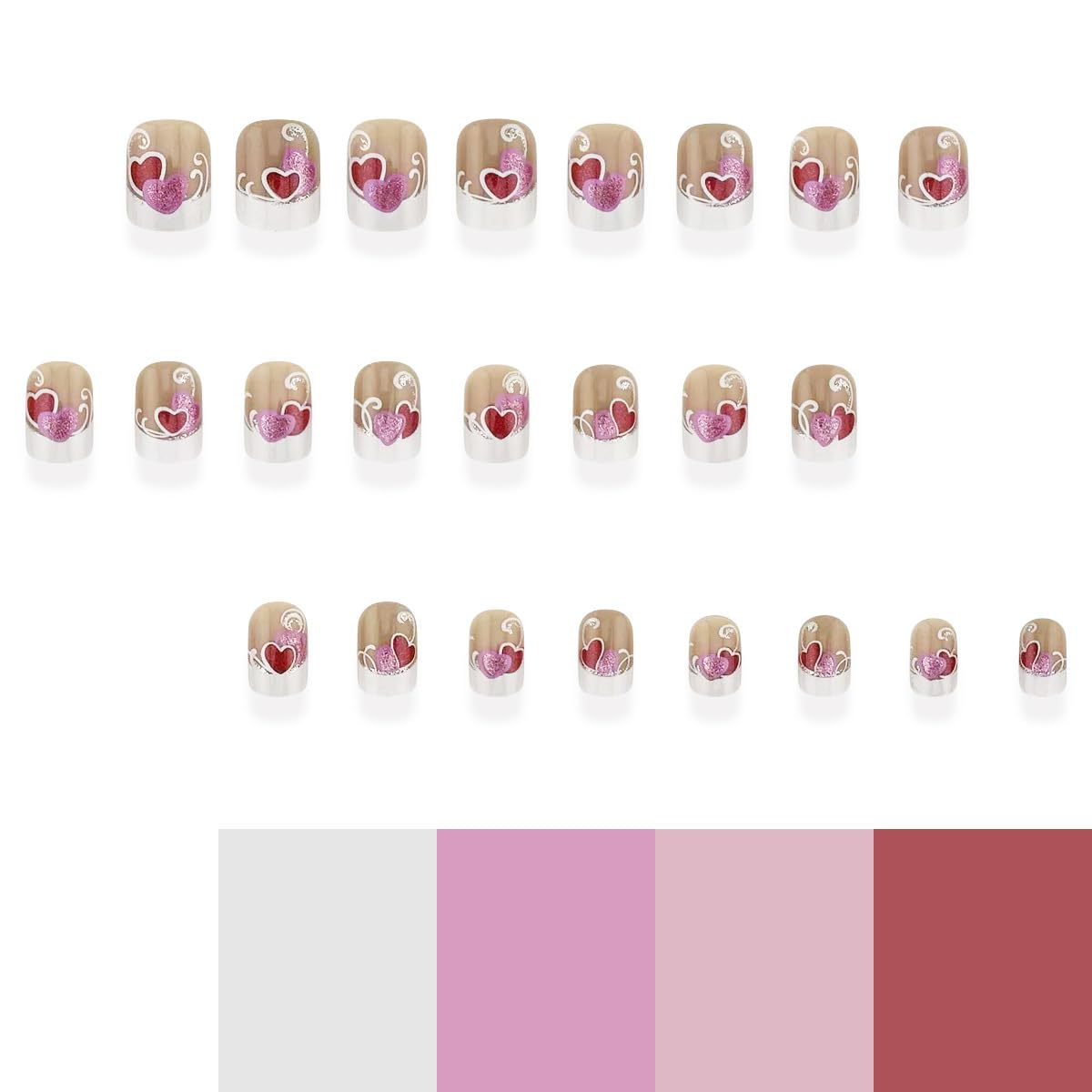 24Pcs Valentine's Day Press On Nails - Short Square Fake Nails with White French Tips, Red Pink Glitter & Romantic Heart Designs | Acrylic False Nails for Women | Perfect for Daily Wear, Date Nights, Parties & Special Occasions