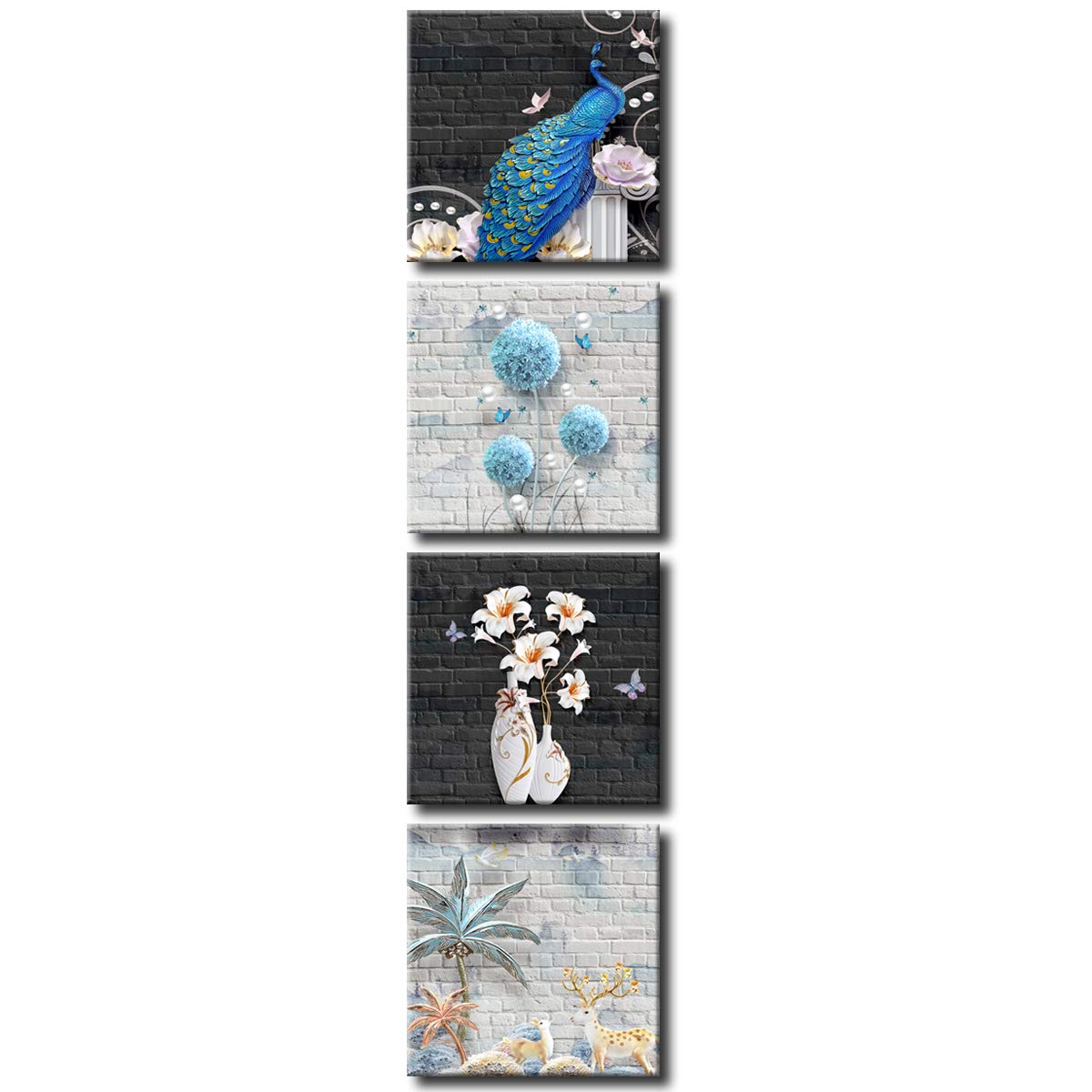 Modern Abstract Canvas Wall Art - 4 Panels Flower & Animal Painting Print, Framed & Ready to Hang for Living Room Decor | Perfect for Home, Office & Bedroom Wall Decoration