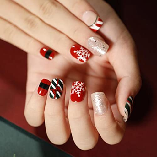 24Pcs Christmas Fake Nails - Glossy Red Press on Nails Short Square with Snowflake Design, Full Cover Artificial False Nails for Women & Girls (Style B) | Perfect for Holiday Parties, Gift Giving & Winter Nail Art