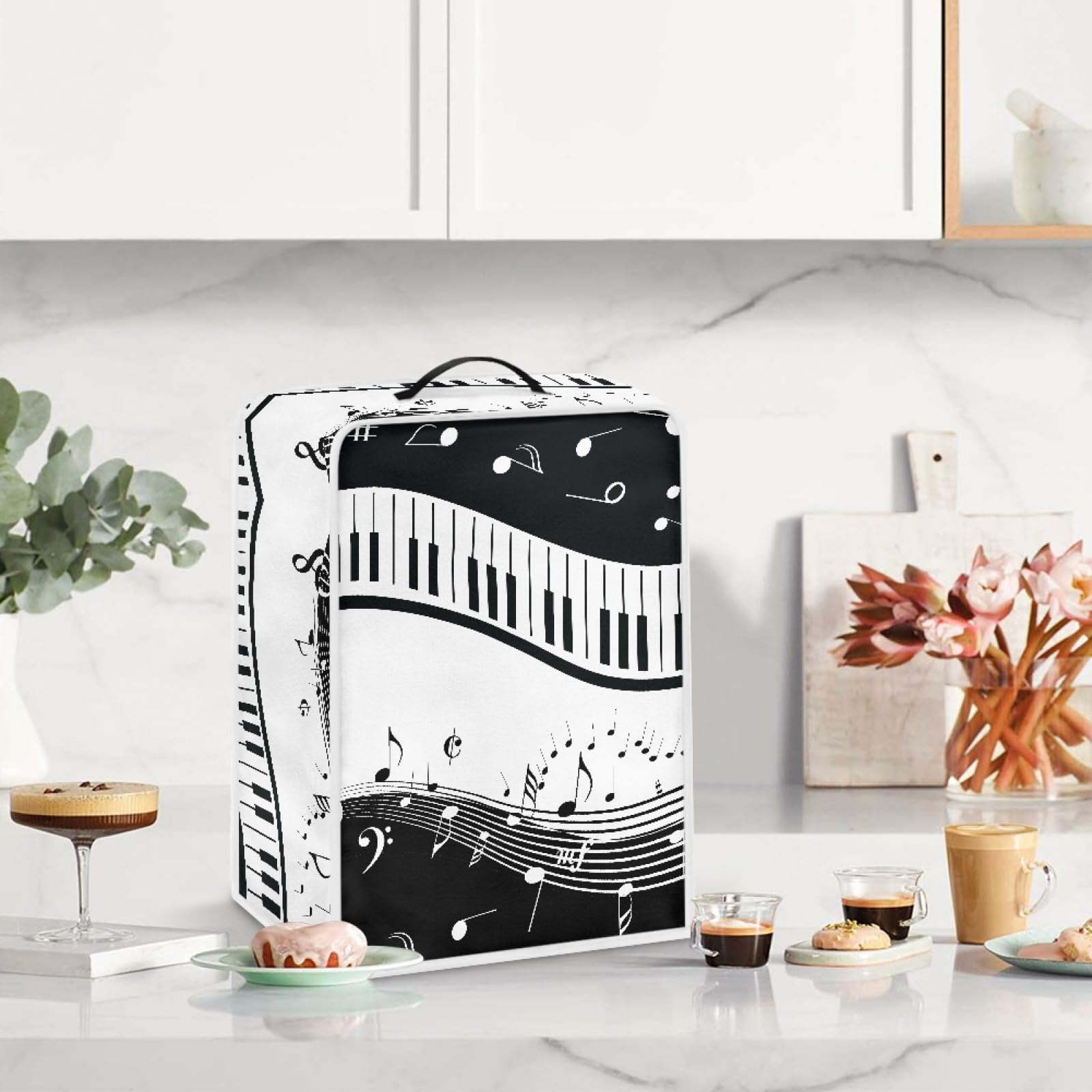 GLENLCWE White Music Note Coffee Maker Cover - Polyester Dust Cover with Top Handle, Foldable & Washable Kitchen Appliance Protector for Blender, Mixer, Juice Machines - Perfect for Home, Office & Cafe Use