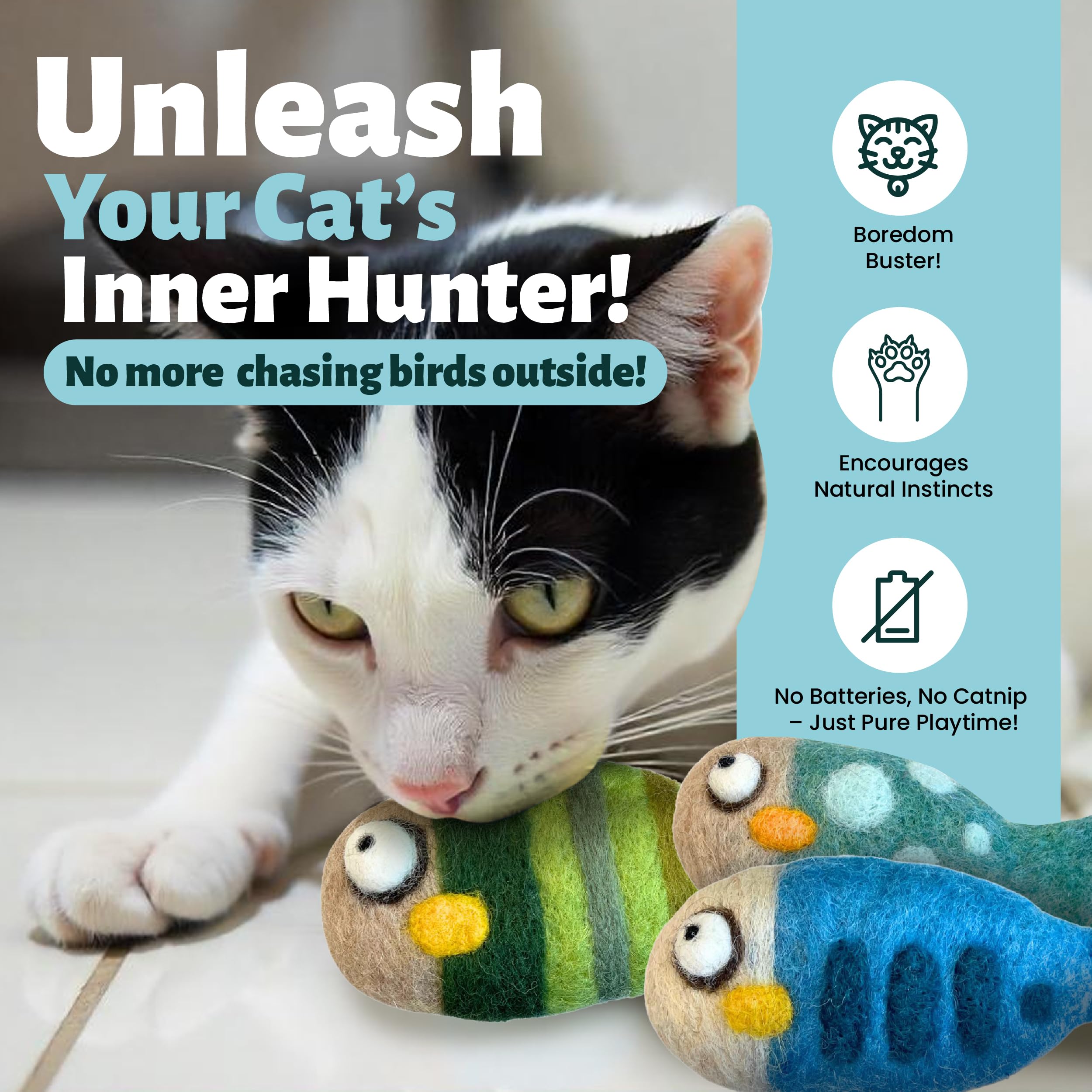 Woolbuddy Cat Toys - 3-Piece Interactive Fish Set for Indoor Cats, No Catnip Needed, Soft & Safe for Teeth & Paws, Kitten Enrichment Toys - Perfect for Playtime, Training & Boredom Relief