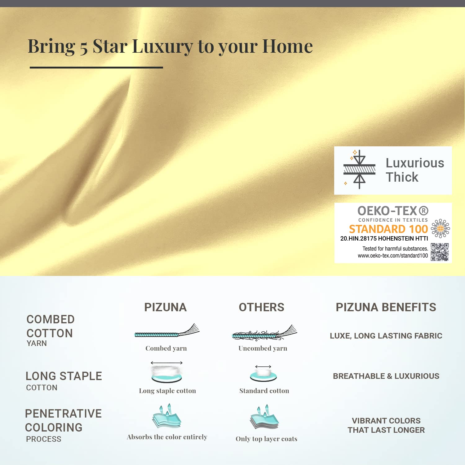 Pizuna Pure 100% Cotton Split King Sheets - 600 Thread Count Long Staple Sateen Weave with 15
